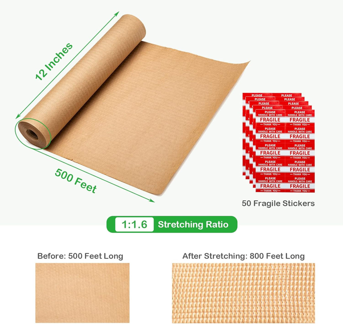 Packing Moving Paper 12"x500' Eco Friendly Honeycomb Cushioning Wrap Roll with 50 Fragile Stickers - Protective Kraft Packaging Moving Shipping Suppliers Brown