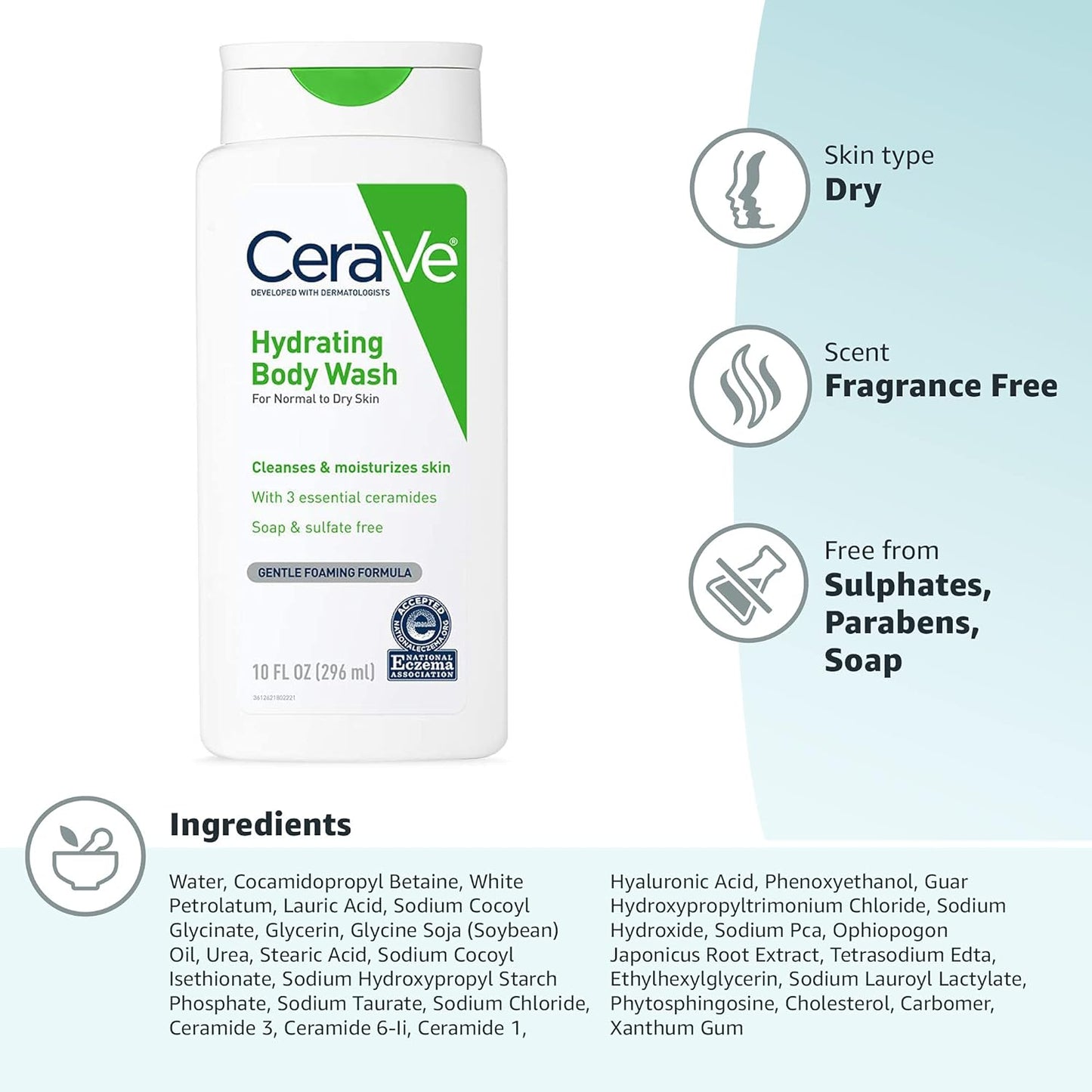 CeraVe Body Wash for Dry Skin | Moisturizing Body Wash with Hyaluronic Acid and Ceramides | Paraben, Sulfate & Fragrance Free | 10 Ounce