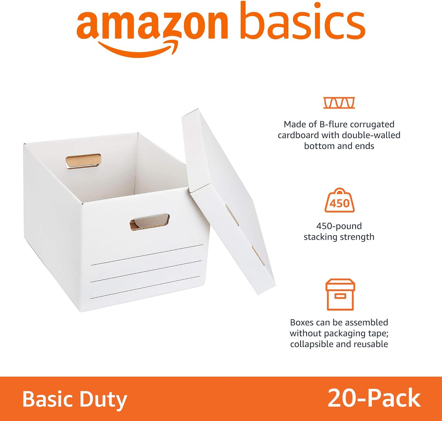 Amazon Basics Storage and Filing Boxes With Lid and Handles, Legal/Letter Size, Basic Duty, Pack of 20, White, 16.2" L x 12.5" W x 10.5" H