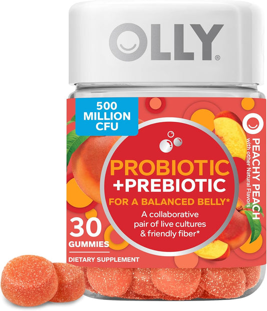 OLLY Probiotic + Prebiotic Gummy, Digestive Support and Gut Health, 500 Million CFUs, Fiber, Adult Chewable Supplement for Men and Women, Peach, 30 Day Supply - 30 Count