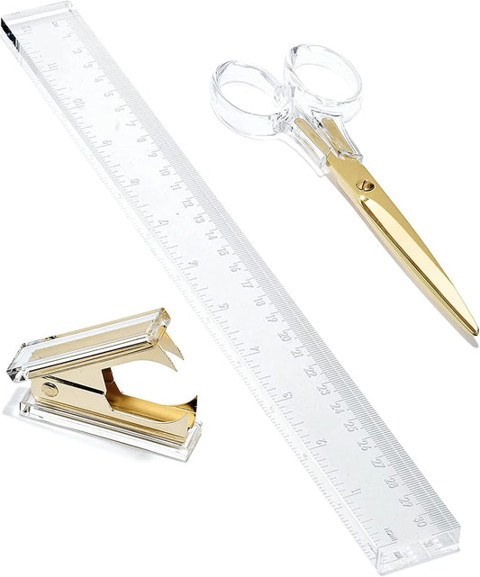 OfficeGoods 3 Piece Acrylic Desk Set - Includes Ruler, Staple Remover, Scissors - Functional & Elegant Desk Accessories - Stationary Tools for Home, Office, and School - Gold