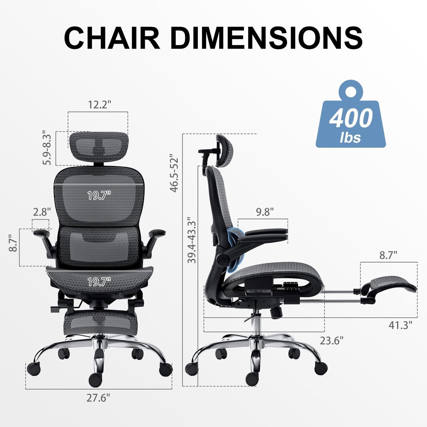 Ergonomic Office Chair,Office Chair with Tilt Function,Mesh Office Chair with Footrest,Ergonomic Chair with Adaptive Backrest, Adjustable Headrest,SGS Class 4 Gas Clylinder and Flip-Up Armrests