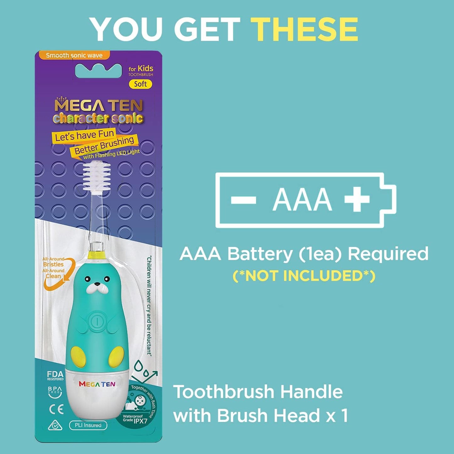 MEGATEN 360-Degree Kids Electric Toothbrush Made in Korea | LED Light & Soft Microfiber Bristles & Comfortable Grip | Fun & Easy Brushing for Kids 12-48 Months | Built-in Timer | BPA Free | Sea Otter