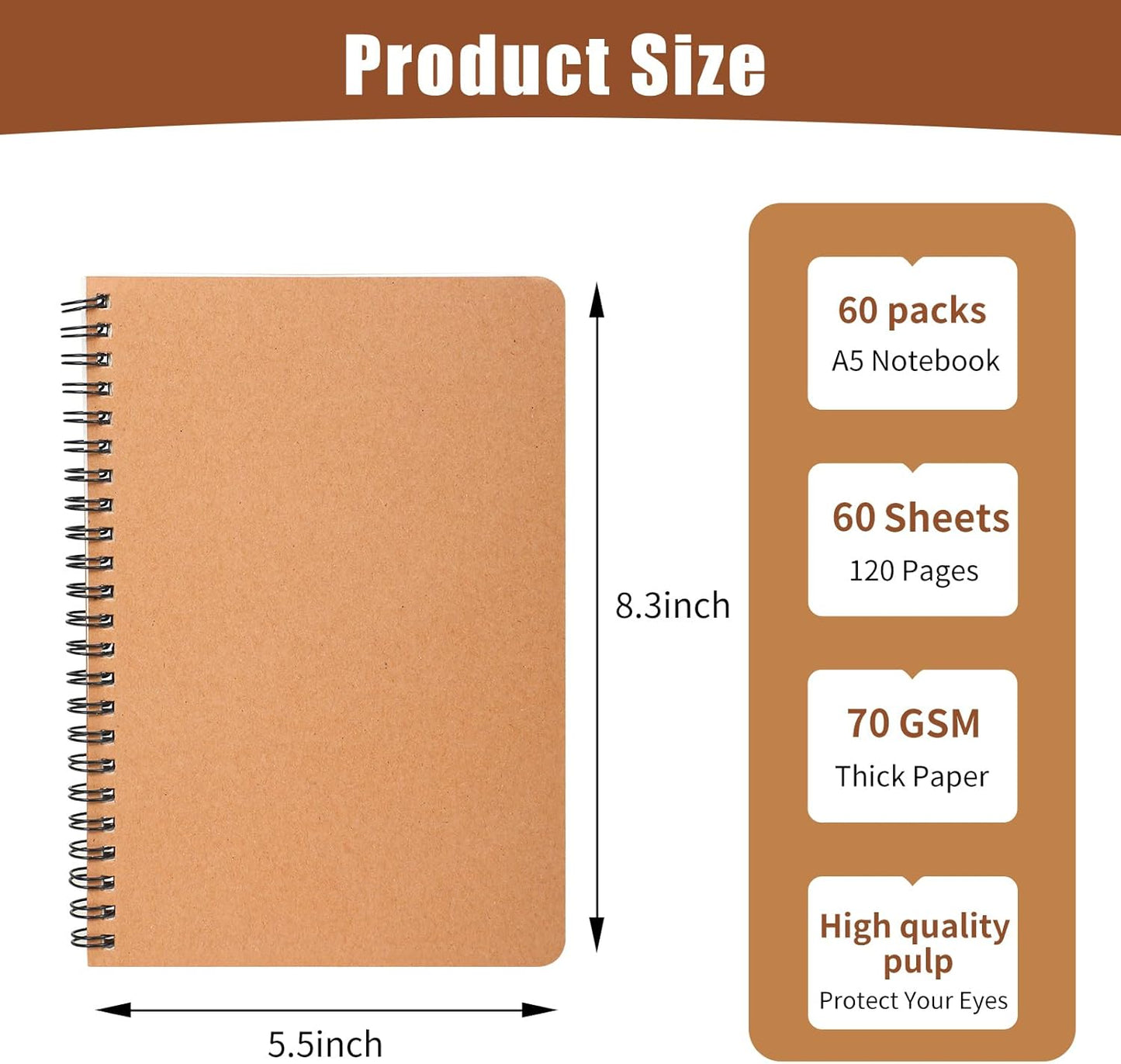 60 Packs A5 Spiral Lined Notebooks, Kraft Paper Cover, 8.3"×5.5", 60 Sheets/120 Pages, Ruled Notebooks Bulk, Hardcover Journal Notepad Travel Notebooks for Office and School Supplies