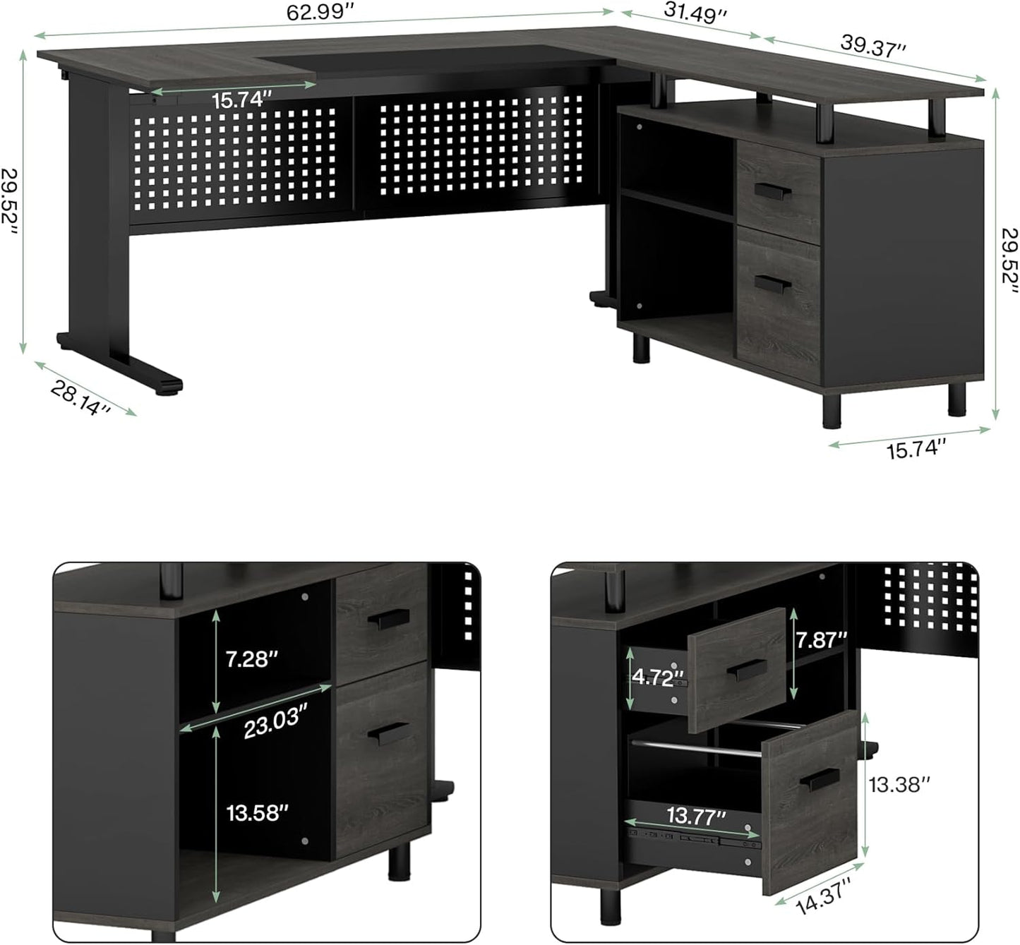 Tribesigns 63 Inch Executive Desk with File Cabinet, Large Office Desk L Shaped Computer Desk with Drawers and Storage Shelves, Business Furniture Desk Workstation for Home Office, Gray and Black