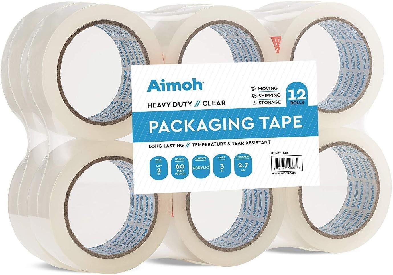 12 Rolls Heavy Duty Clear Packing Tape -Acrylic Adhesive- 2.7mil Super Strong Commercial Grade- Size 1.88 x 60 Yard- 3 Inch Core- Refill - Moving-Packaging-Shipping - 6 Rolls (11632)