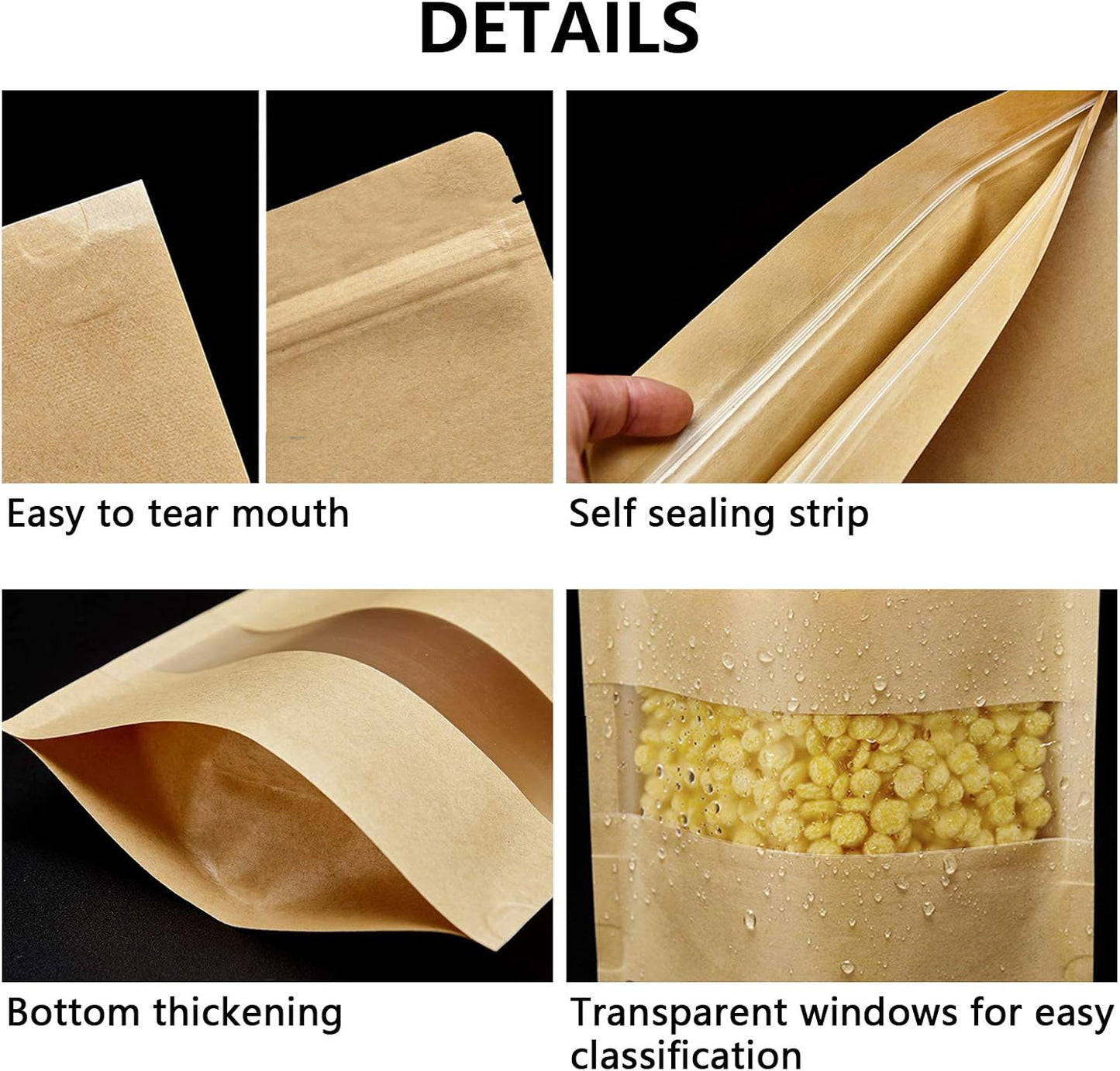 100 Pcs Resealable bags,3.5" x 5.5" Stand Up Kraft Paper Bags with Matte Window, Zip Lock Food Storage Bags for Packaging Products, Reusable, Sealable