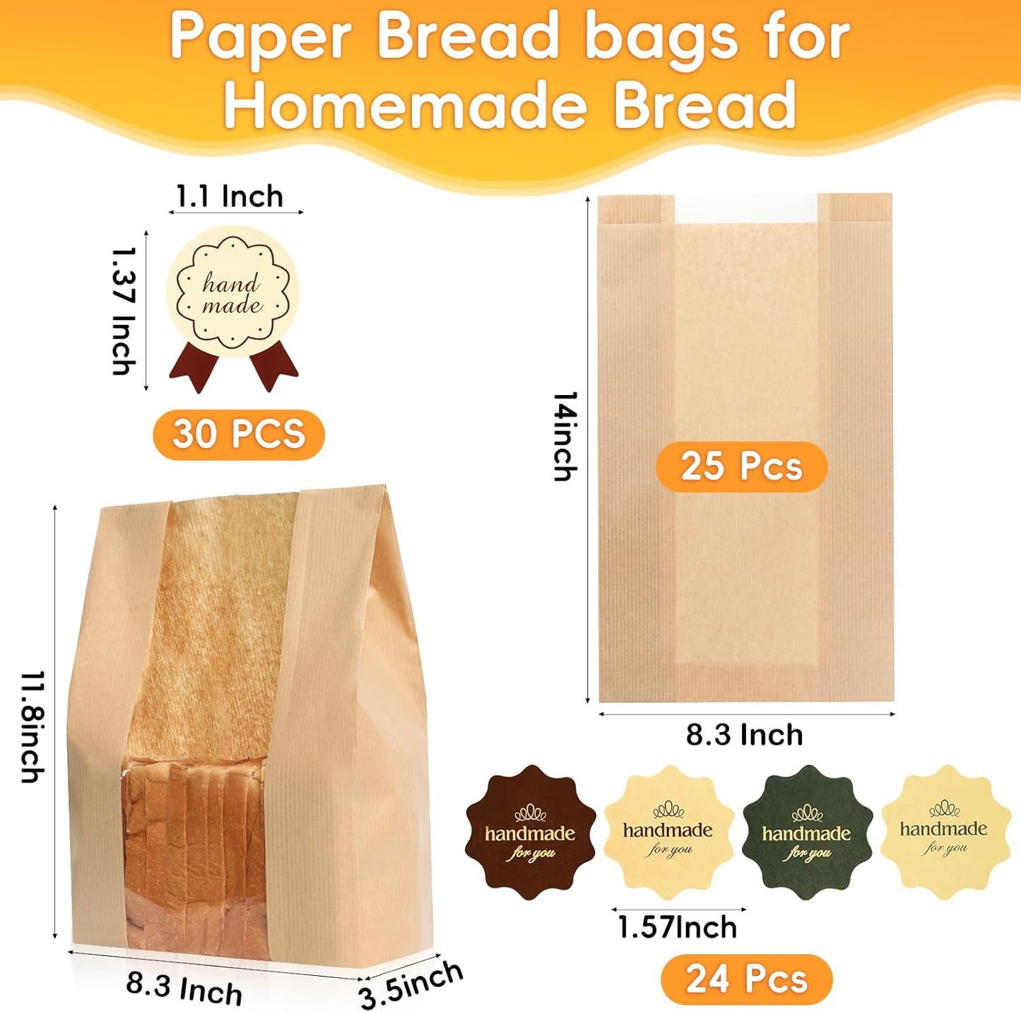 Funcoo 25 Pcs Paper Bread Bag for Home Bread Sourdough Bread Bakery Storage Bags with Window，Large Bakery Bread Loaf Bags for Baked Goods Packaging, Label Seal sticker included