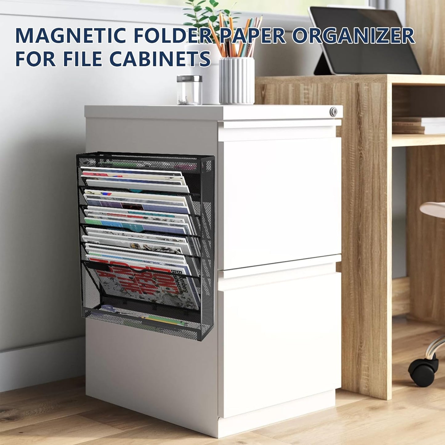 7 Tier Magnetic File Holder, No Drilling Wall File Organizer for File Cabinets Whiteboard refrigerator,Office,Classroom, Hanging Paper Folder Holder, Black