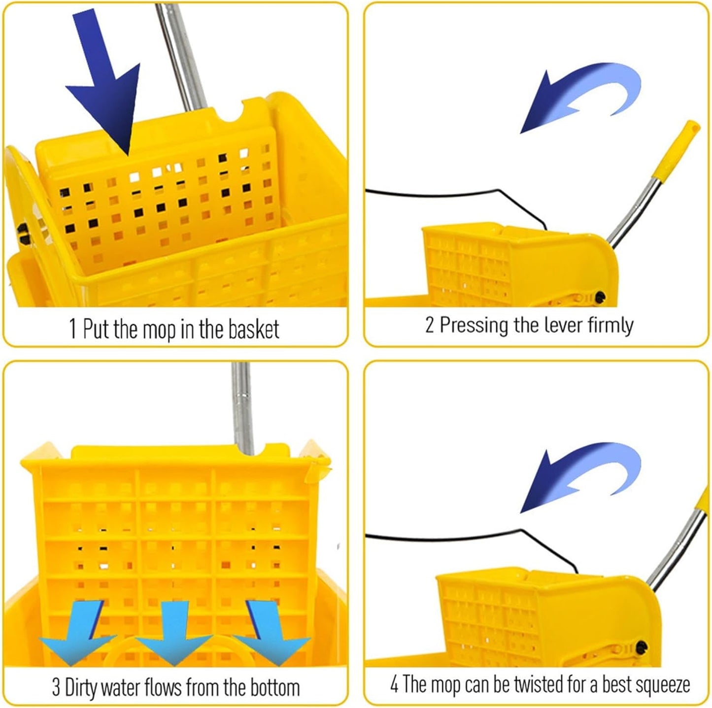 Mop Bucket & Side Wringer Combo, Heavy Duty & Commercial Janitorial Cart Spring Wringer on Wheels for Home & Industrial Cleaning Commercial Mop Bucket for Business, Durable, Yellow