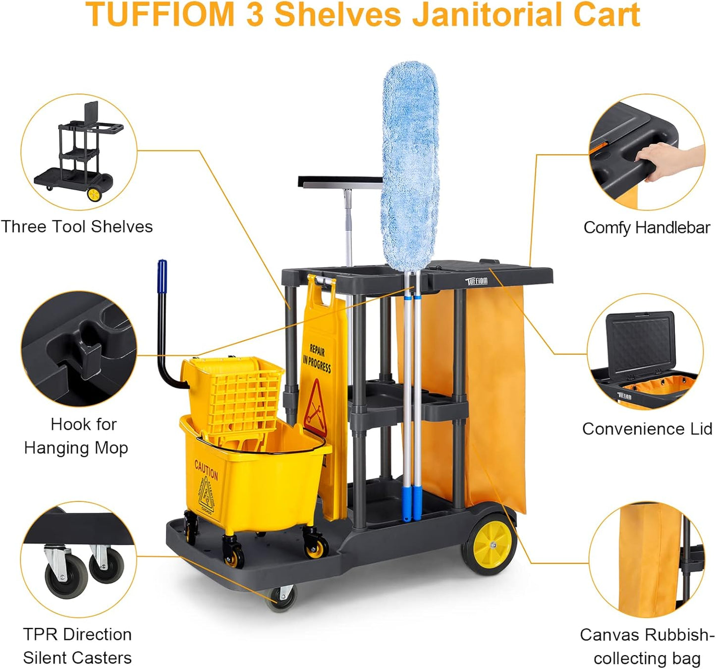 TUFFIOM Commercial Traditional Cleaning Janitorial 3-Shelf Cart, 500 Lbs Capacity Housekeeping Cart, 42.5" L x 18.7" W x 37.6" H, Wheeled with 22 Gallon Yellow VinylBag and Cover w Lid, Black