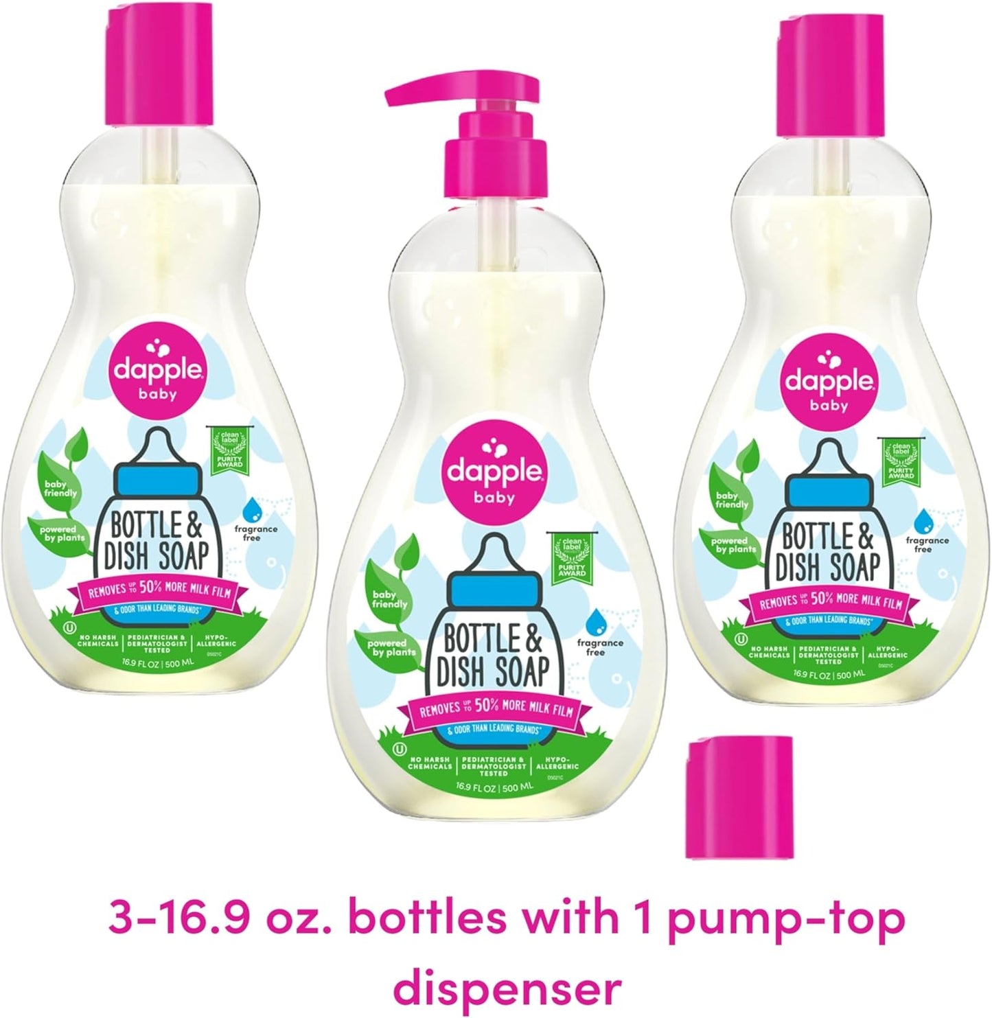 Dapple Baby Bottle Soap, Hypoallergenic Dish Soap for Baby Bottles, Powered by Plants, 1 Pump Included, Packaging May Vary, Fragrance Free, 16.9 Fl Oz (Pack of 3)