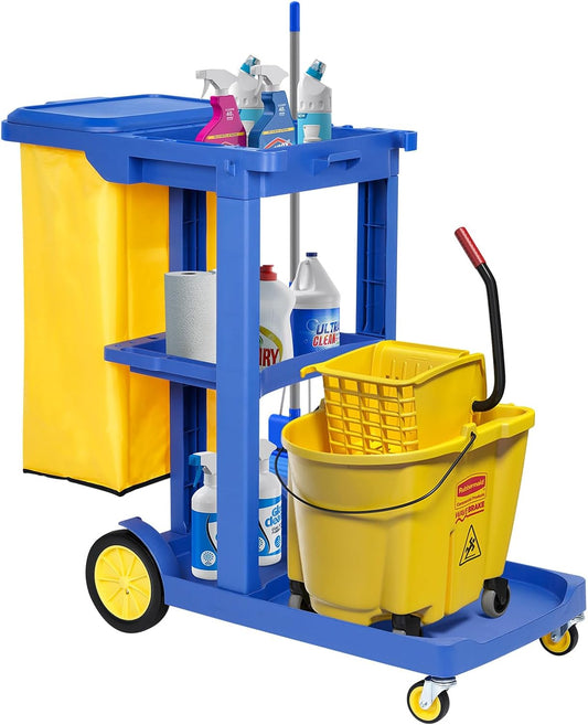 Commercial Janitorial Cart 3 Shelf, Housekeeping Janitor Cleaning cart, 200 Lbs Large Capacity Janitorial cart, Wheeled with 22 Gallon Yellow Vinyl Bag and Cover lid, Blue