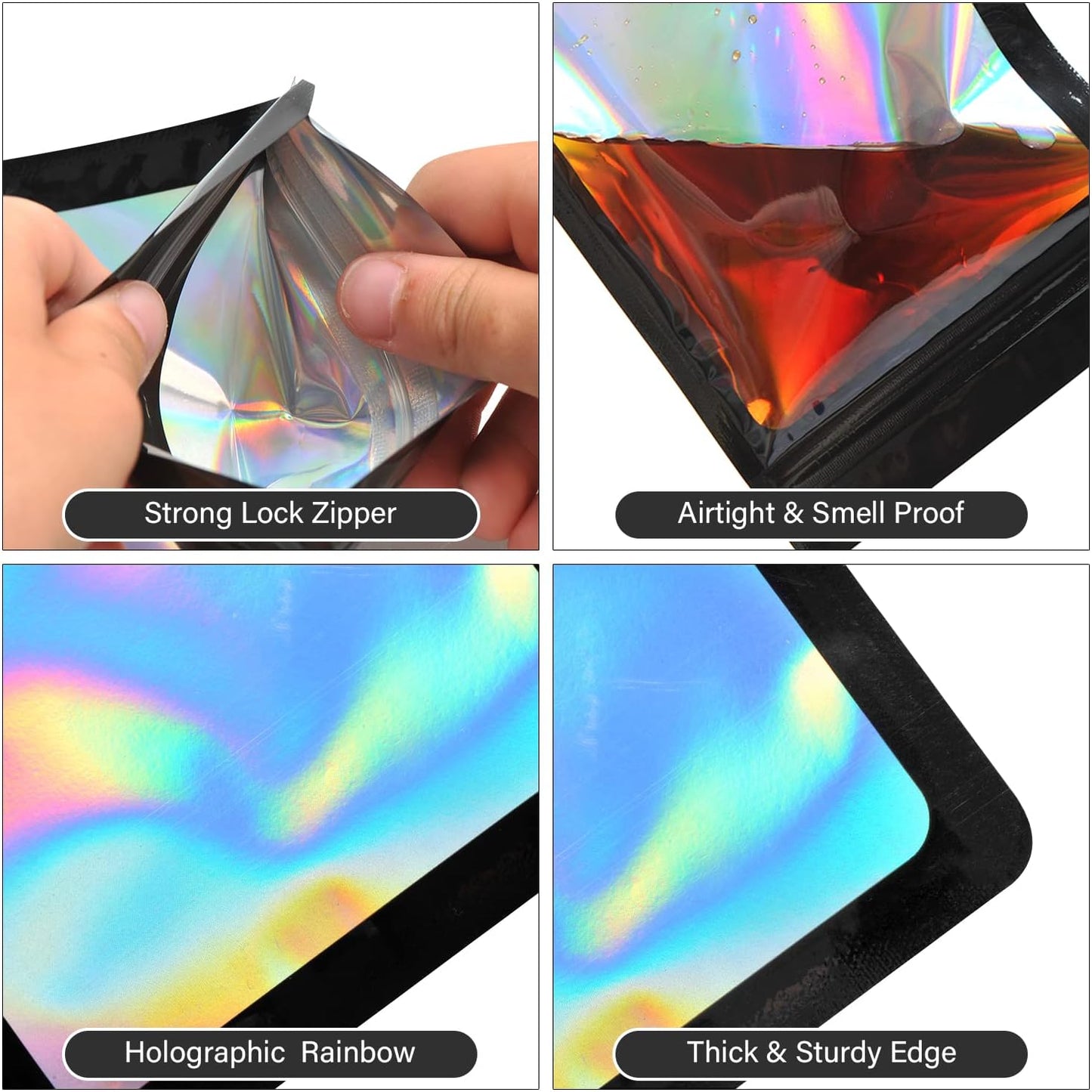 100-Pack Mylar Bags Resealable Sealable Holographic Zip Bag Jewelry Candy Sample Product Small Bussiness Packaging Supplies 3×3 Inch，Black