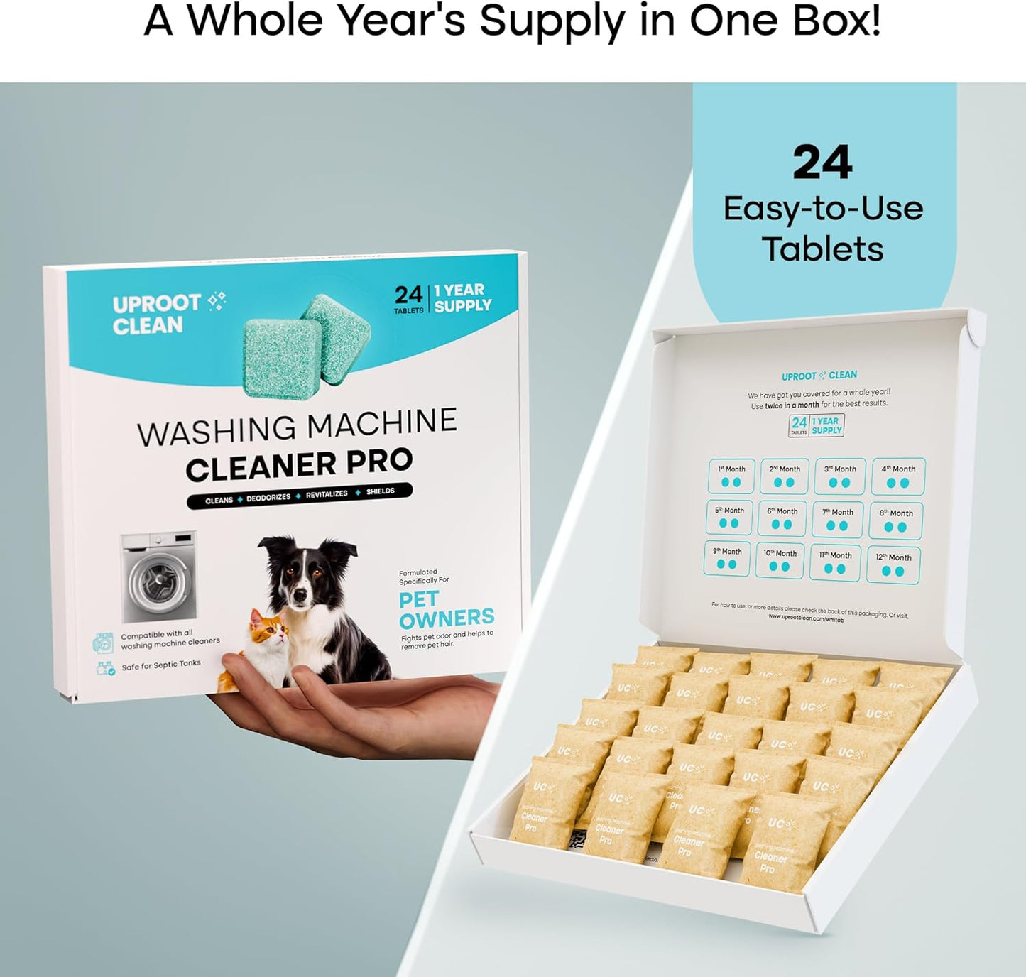 Uproot Clean Washing Machine Cleaner Tablets - 24 Pack for a 12 Month Supply. Formulated for Pet Owners. Compatible with HE, Top & Front Load. Easily Removes Residue, Grime, and Odors. Septic Safe.