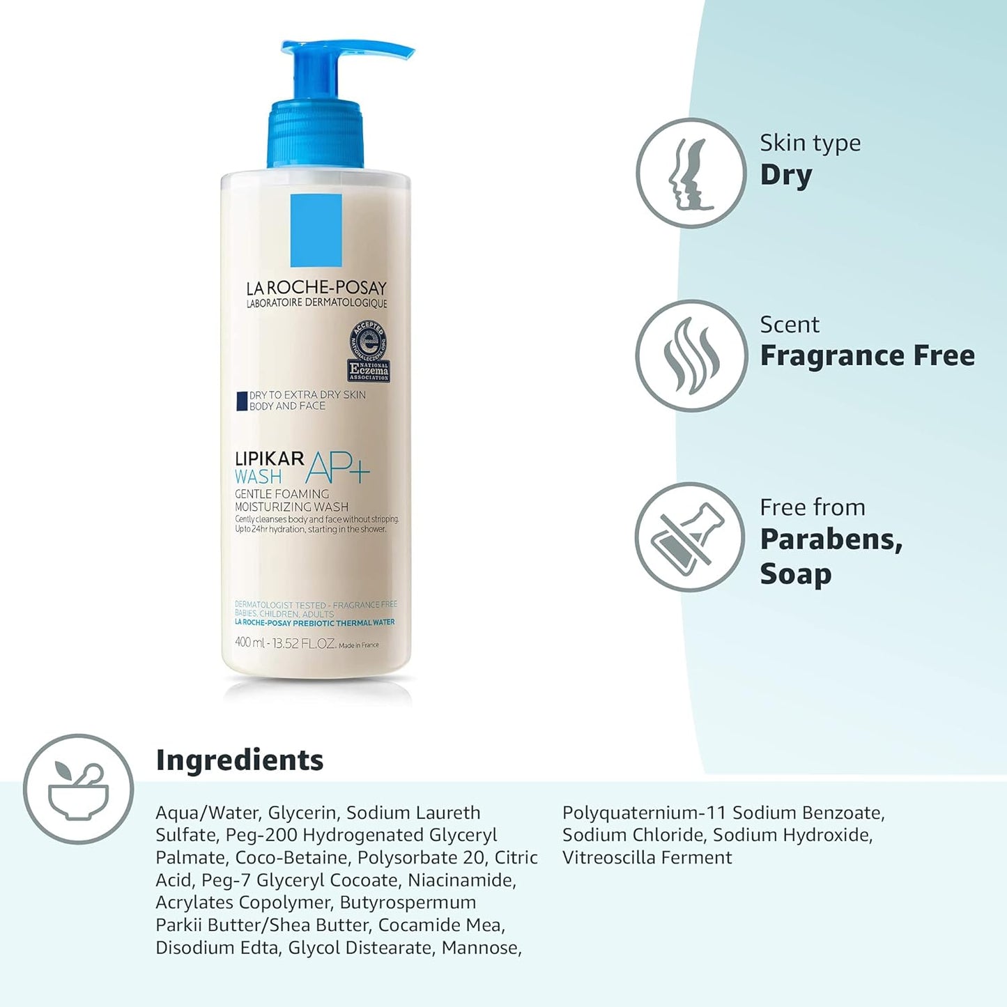 La Roche-Posay Lipikar AP+ Gentle Foaming Moisturizing Wash | Shea Butter + Niacinamide + Glycerin | Moisturizing Body Wash & Face Wash For Dry Skin | National Eczema Association Accepted | Soap Free