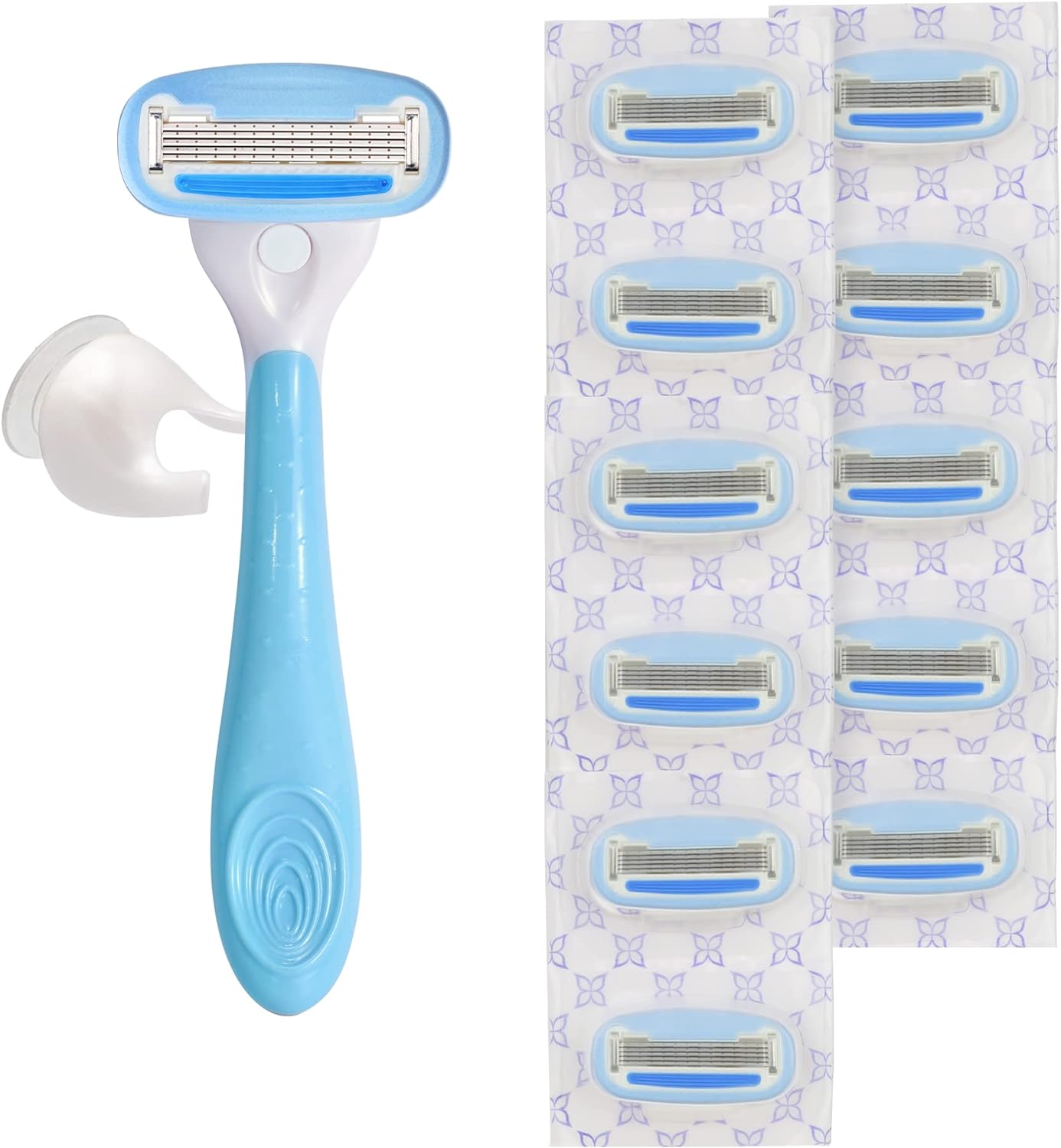 Amazon Basics 5-Blade Razor for Women, Handle, 12 Cartridges & Shower Hanger (Cartridges fit Amazon Basics Razor Handles only) 14 Piece Set, Blue