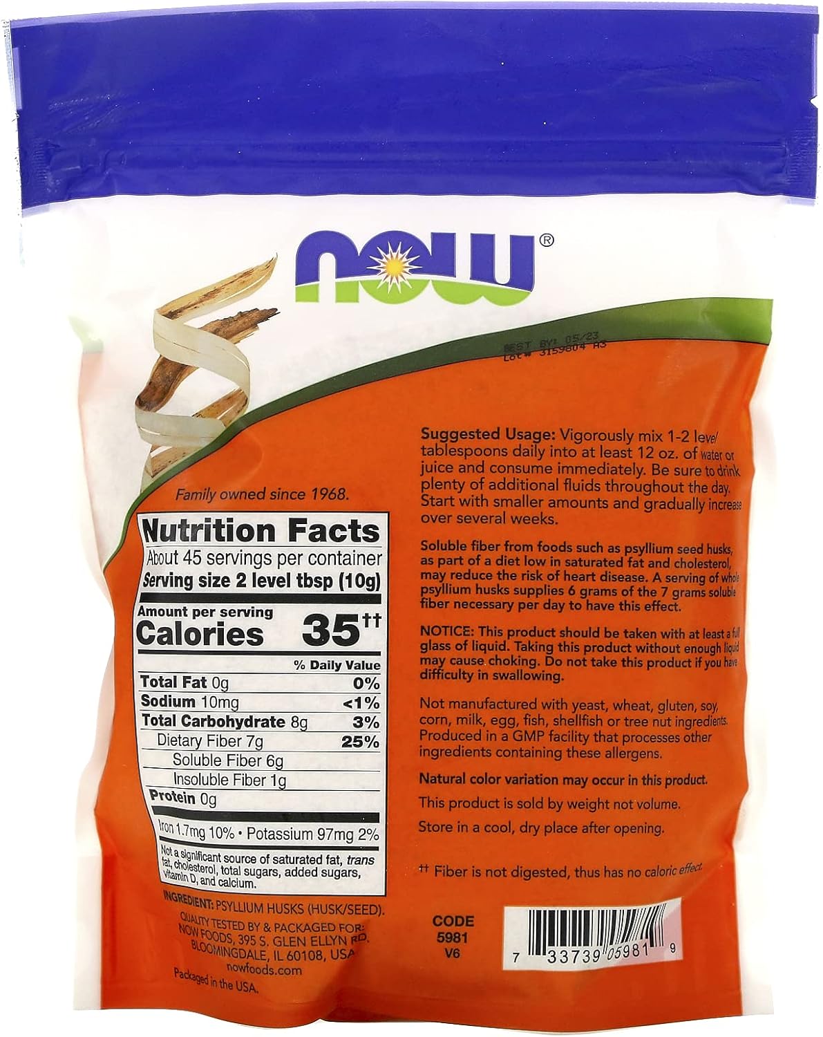 NOW Foods Supplements, Whole Psyllium Husks, Non-GMO Project Verified, Soluble Fiber, 16-Ounce