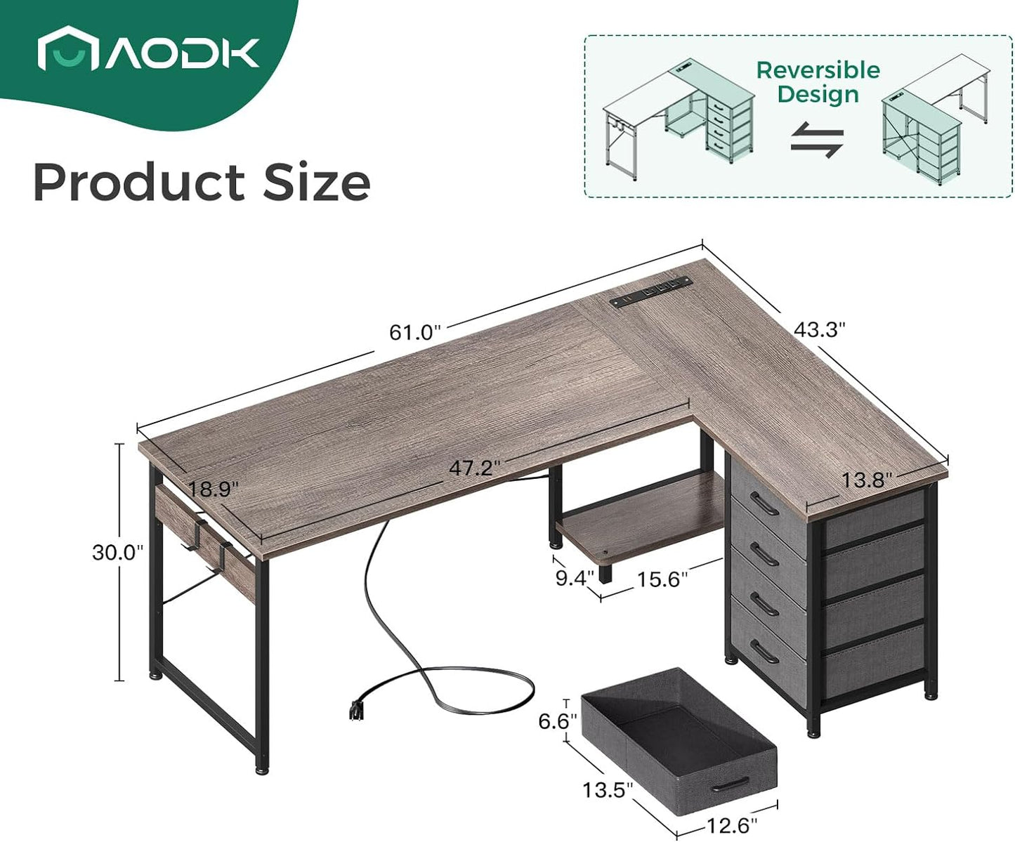 AODK L Shaped Desk with 4 Tier Drawers, 61" Reversible Gaming Desk with Power Outlets, L Shaped Computer Desk with USB Charging Port and Host Stand, Home Office Corner Desk, Easy to Assemble, Grey Oak