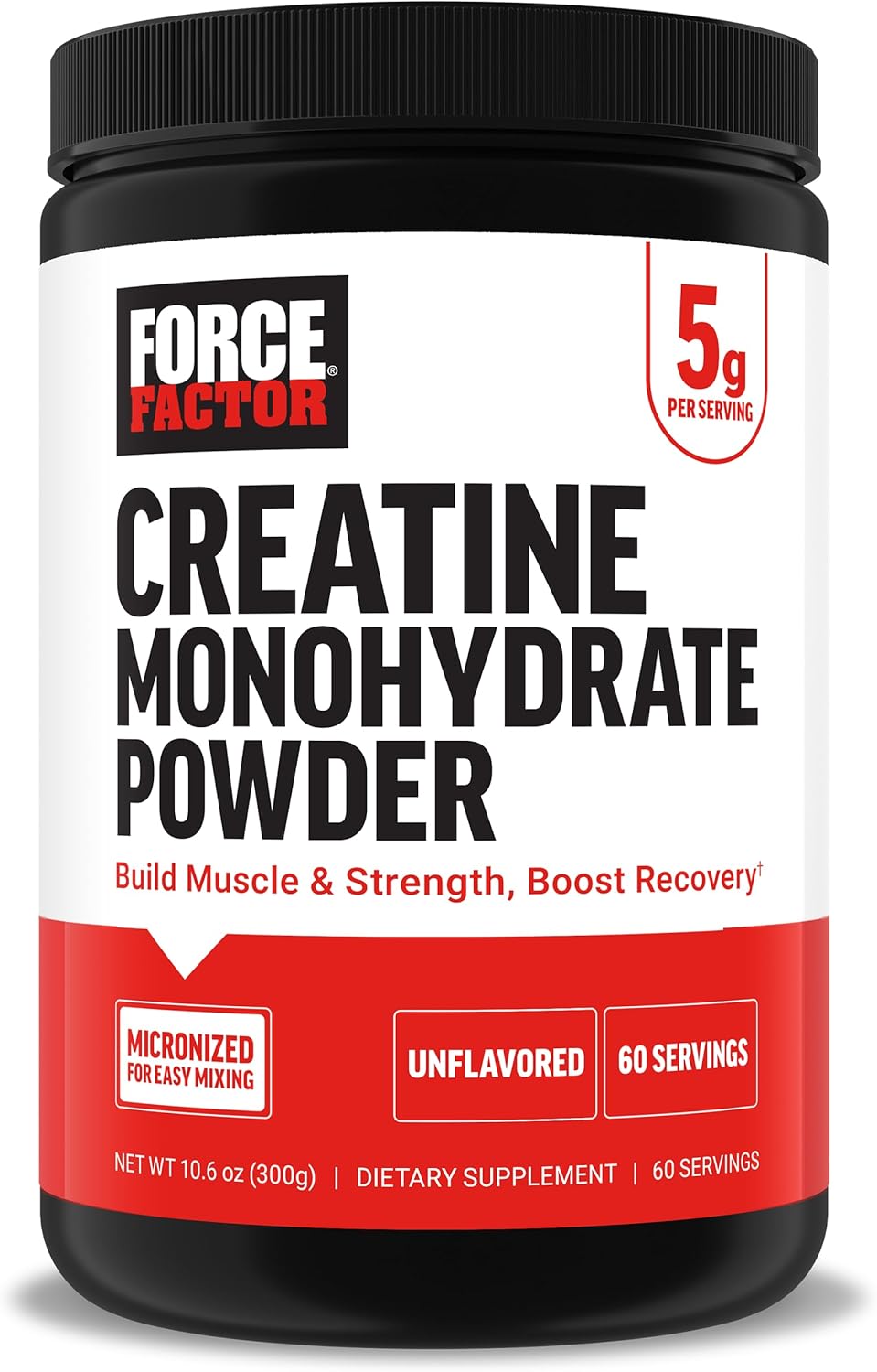 FORCE FACTOR Creatine Monohydrate, Creatine Powder for Muscle Gain, More Strength, and Faster Workout Recovery, Clinically Studied Micronized Creatine 5g Dose Per Serving, Unflavored, 60 Servings