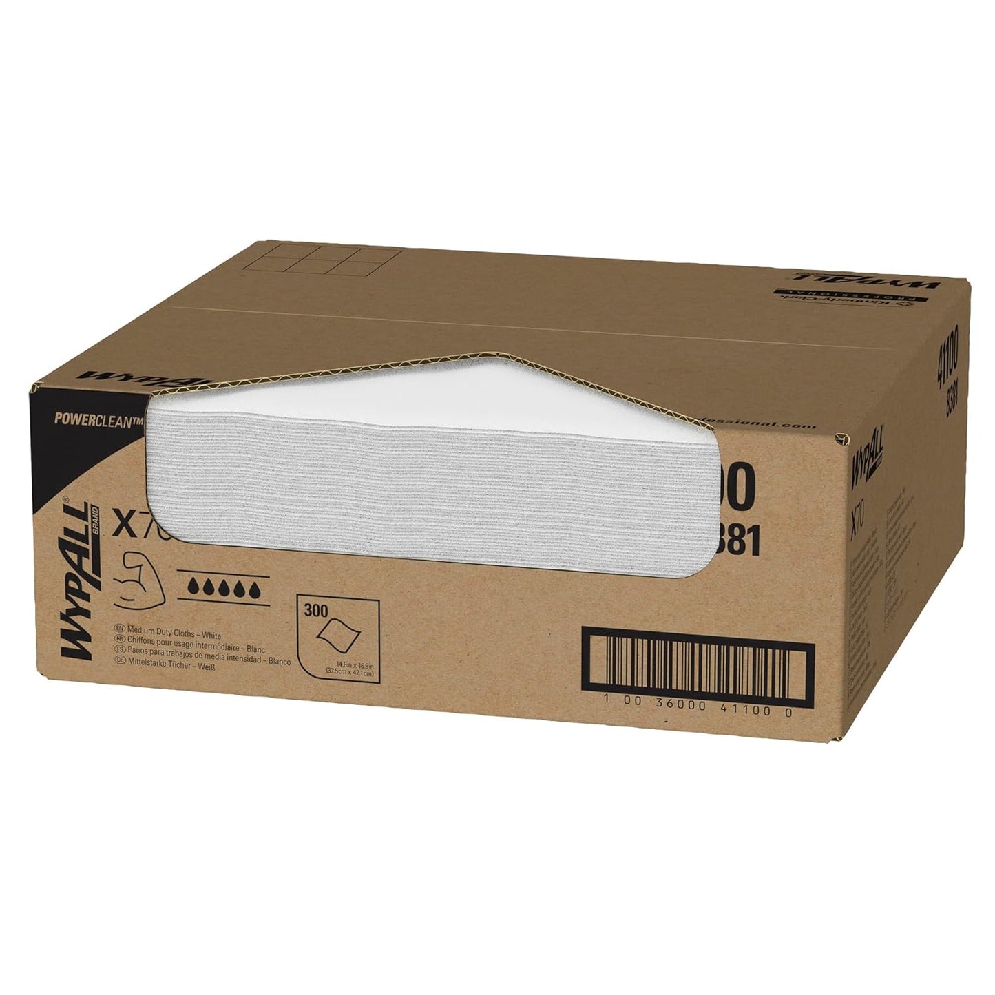 WypAll Power Clean X70 Medium Duty Cloths (41100), Flat Sheet Box, Long Lasting Performance, White, 1 Box, 300 Sheets