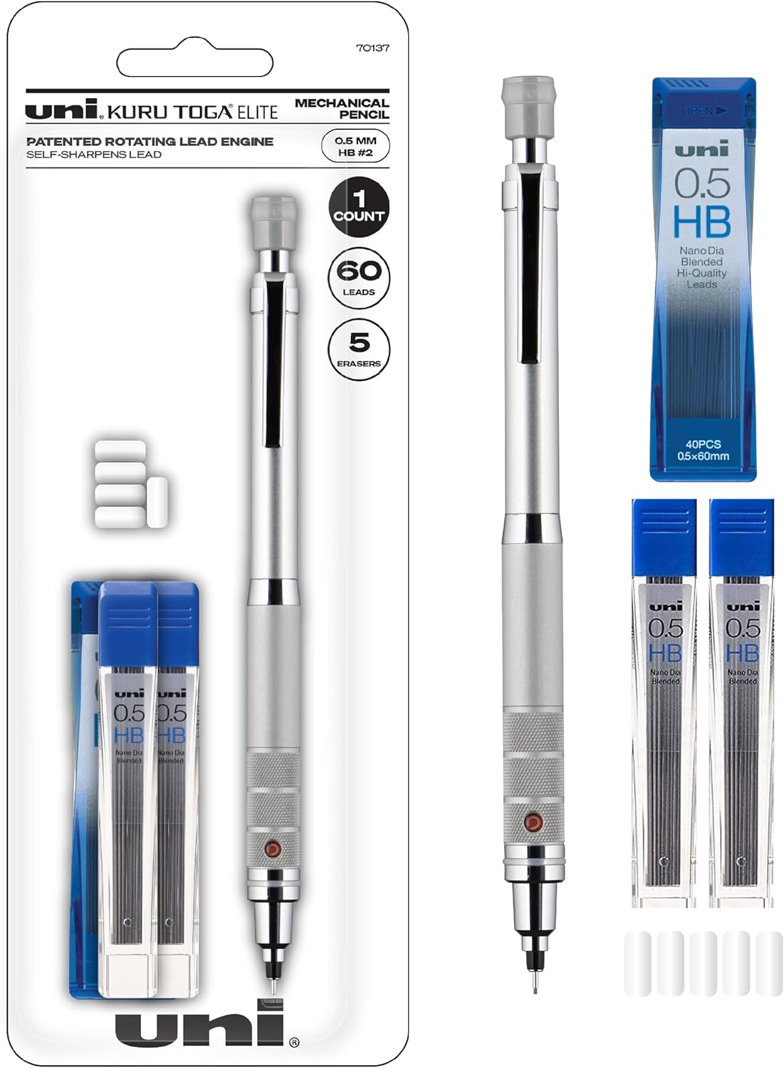 Uniball Kuru Toga Elite - Mechanical Pencil Starter Kit - Silver Barrel, 0.5mm Tip, 60 Lead Refills, and 5 Pencil Eraser Refills, HB #2 - Office & School Supplies, School Pens, Drafting(Pack of 1)