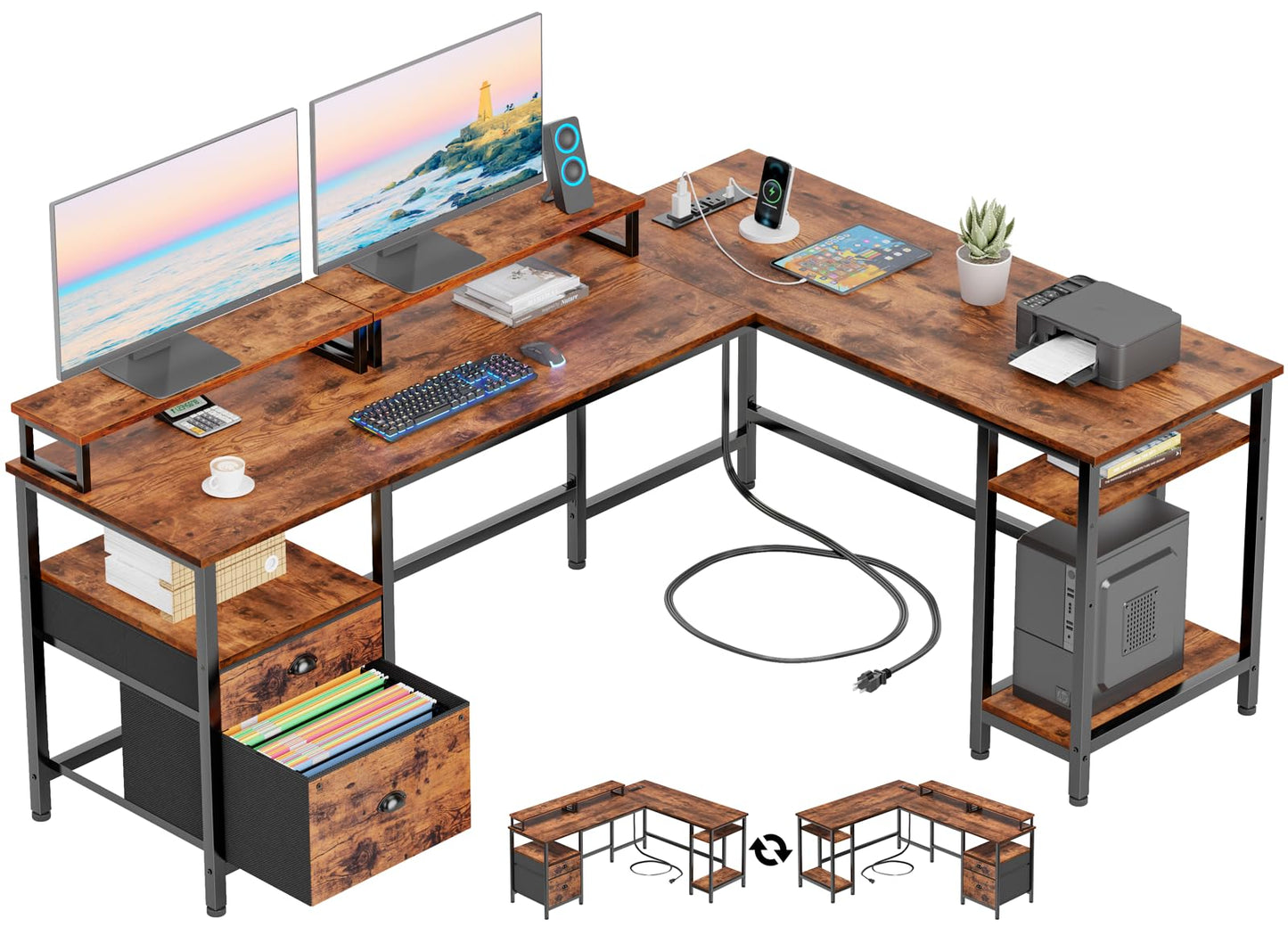 Furologee 66” L Shaped Desk with Power Outlet, Reversible Computer Desk with File Drawer & 2 Monitor Stands, Home Office Desk with Storage Shelves, Corner Desk for Gaming Writing, Rustic Brown