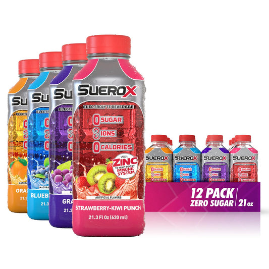 SueroX Zero Sugar Electrolyte Drink for Hydration and Recovery, Unique Blend of Electrolytes & 8 Ions, Zero Calorie Sports Drink, 21.3 Fl Oz, Variety Pack, 12 Count