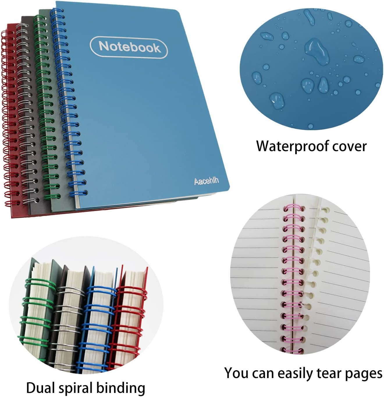 Spiral Notebook Set of 4, A5 College Ruled Lined Journal/Notebook,5.7'' x 8.3'',80 Sheets Per Notebook,Writing Journals for Work, Office & School Supplies. (Blue,Brown,Green,Wine red)