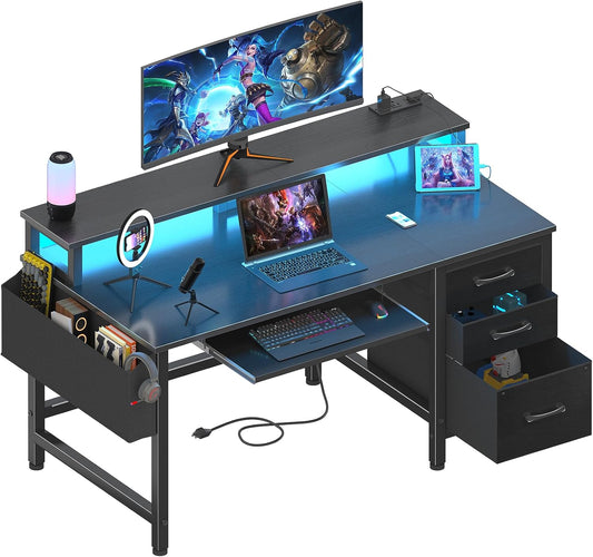 Lufeiya Gaming Desk with LED Lights and Power Outlets, 47 Inch Home Office Desks with Keyboard Tray, Computer Desk with File Drawers Cabinet, Writing Table PC Desks with Monitor Stand, Black