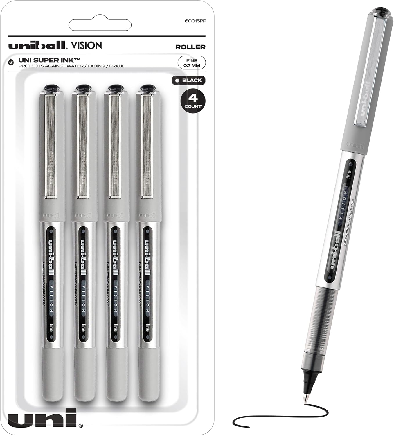 Uniball Vision Rollerball Black Pens Pack of 4 - Fine Point Journaling Pens, 0.7mm Medium Black Ink - Teacher Pen, Smooth Writing Japanese Pens, School Supplies