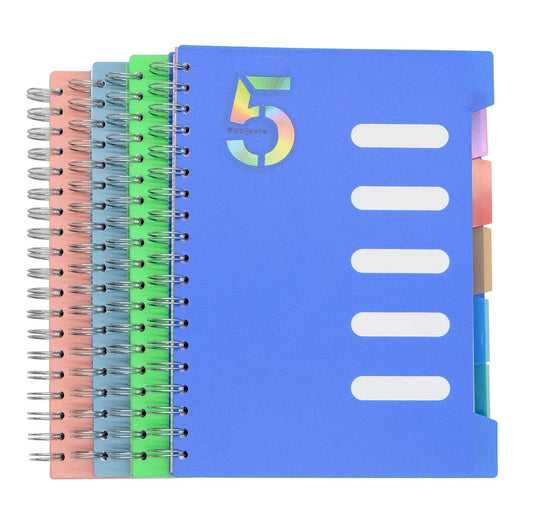 5 Subject Notebook, 4 Pcs 4 Color 10 Inch x 7 Inch B5 Spiral Notebook With Waterproof Plastic Softcover, 300 Pages 80 Gsm College Ruled Papers With 5 Sheets Colorful Movable Dividers (4 Color)