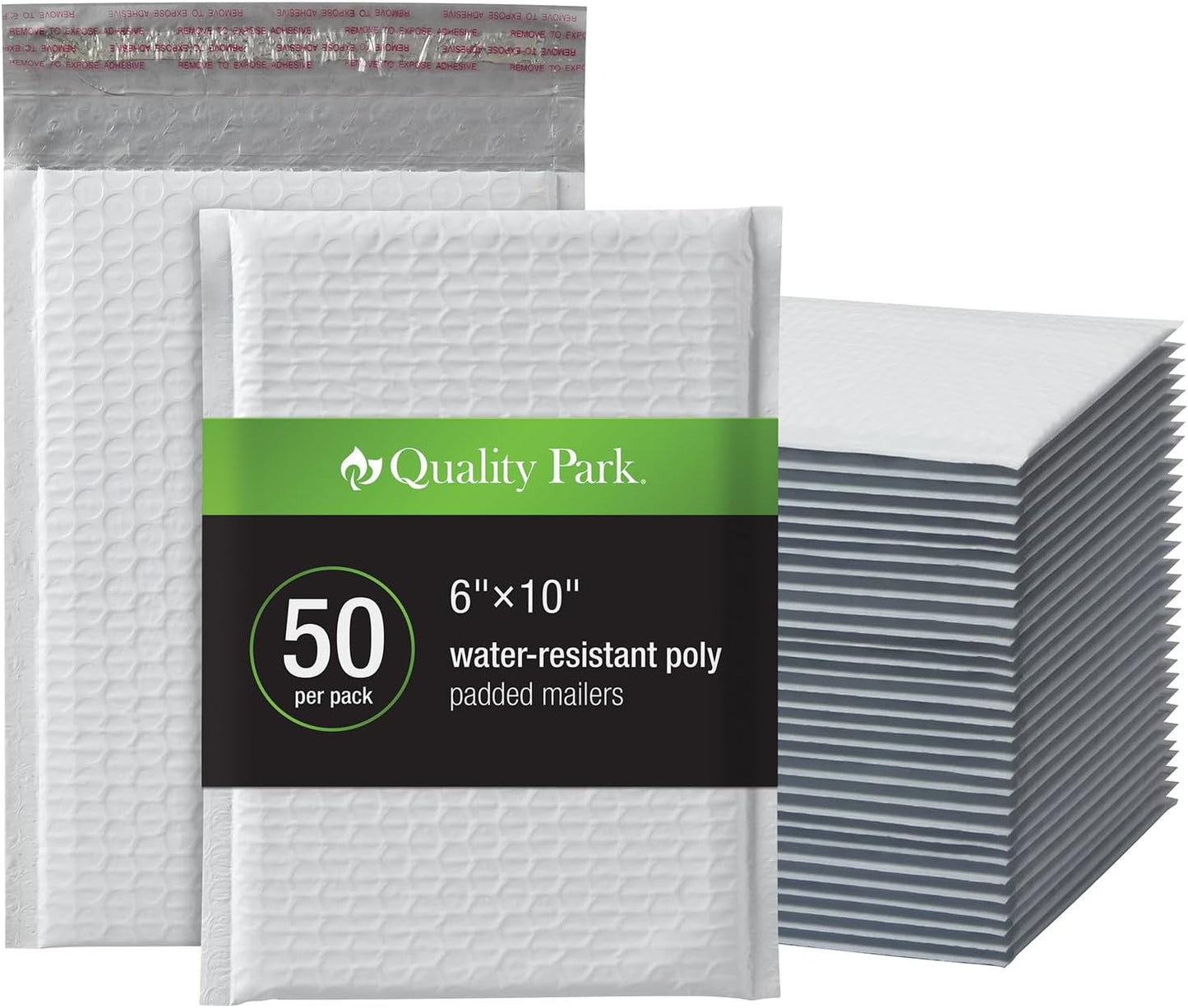 Quality Park Bubble Mailers, 6 x 9 Inch, White Poly Mailers, Padded Envelopes, Shipping Envelopes, Water Resistant, Self Seal, 50 Per Box (QUA85856), Plastic