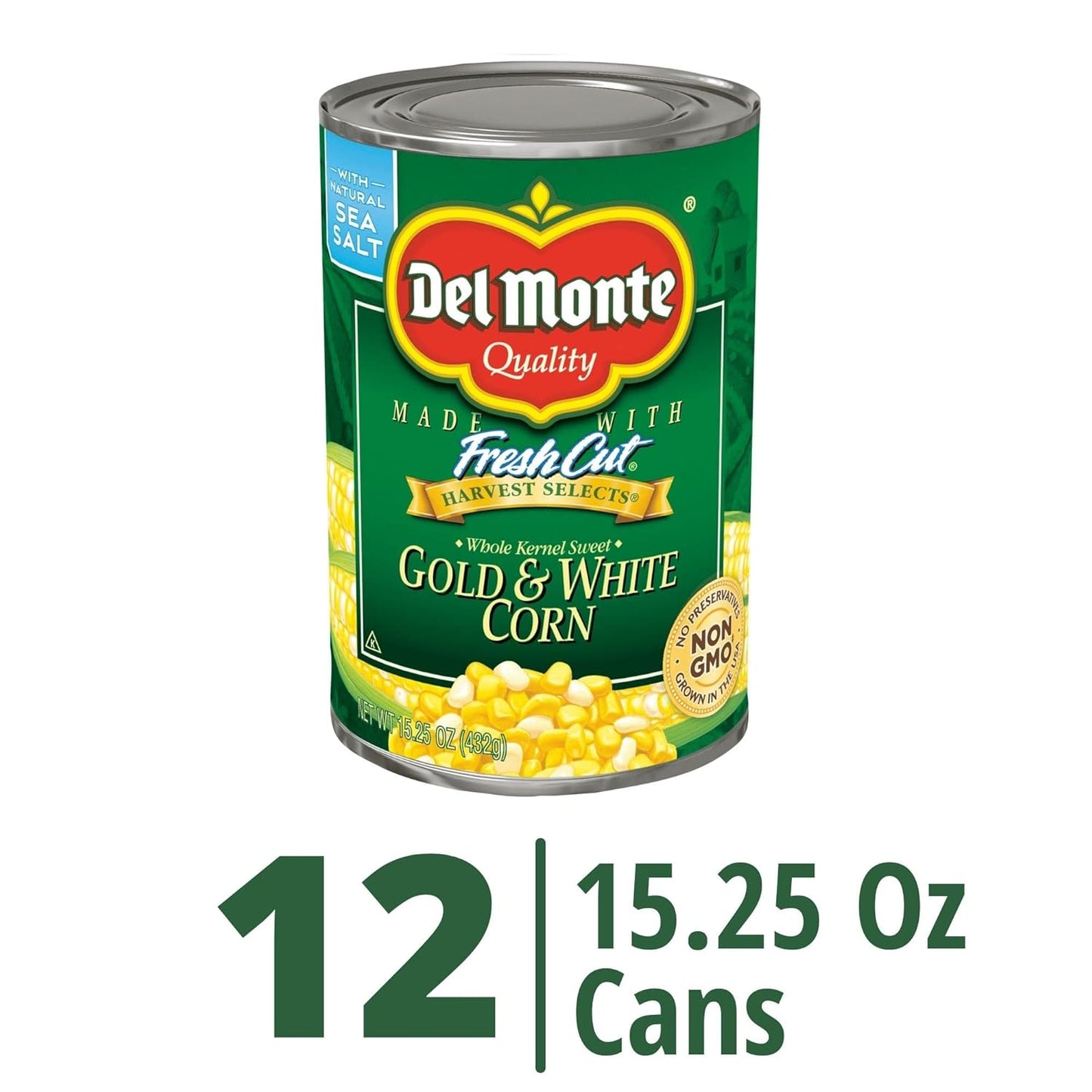 Del Monte Canned Harvest Select Fresh Cut Whole Kernel Sweet Gold & White Corn, 15.25 Ounce (Pack of 12)