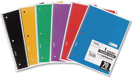 Mead Spiral Notebooks, 6 Pack, 1 Subject, College Ruled Paper, 7-1/2" x 10-1/2", 70 Sheets per Notebook, Color Will Vary (73065)