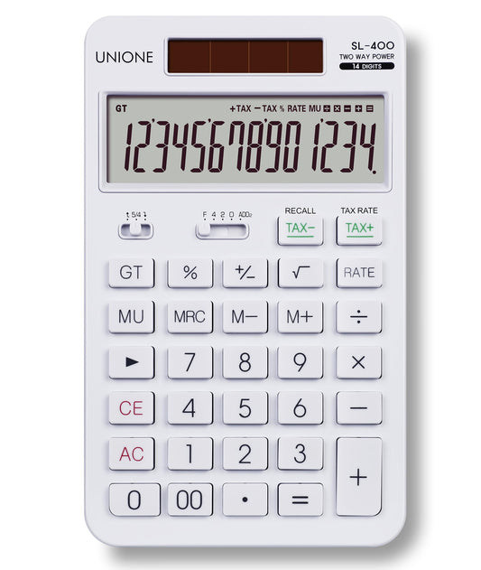 14 Digits Desktop White Calculator with a Bright LCD, Dual Power Handheld Desktop. Color. Business, Office, High School