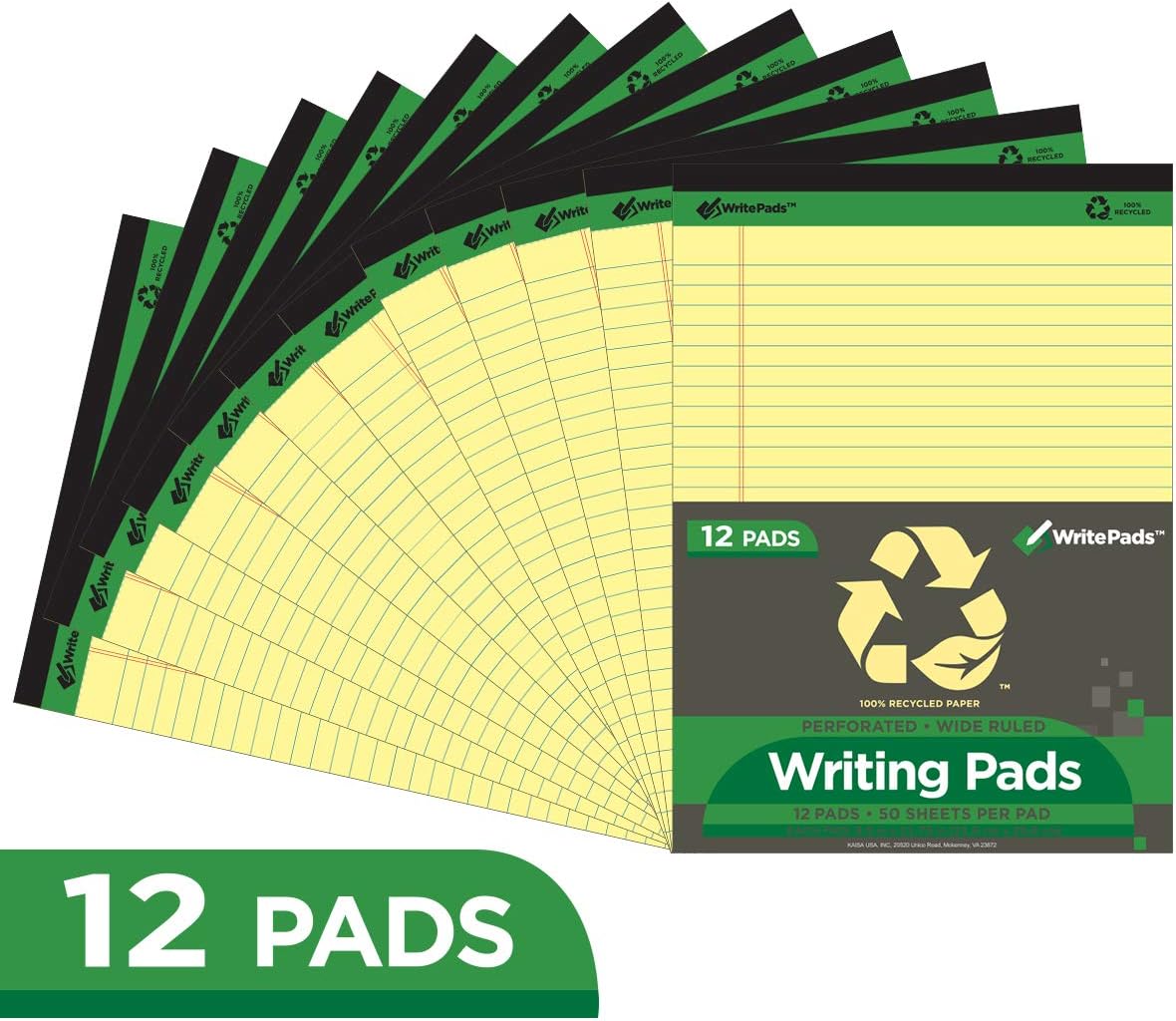 KAISA Legal Pads Writing Pads Recycled Paper, 8.5"x11.75" Wide Ruled Perforated 50 sheets Notepads 8-1/2"x 11-3/4" Writed Pad, Canary (Pack of 12pc) KSU-5668