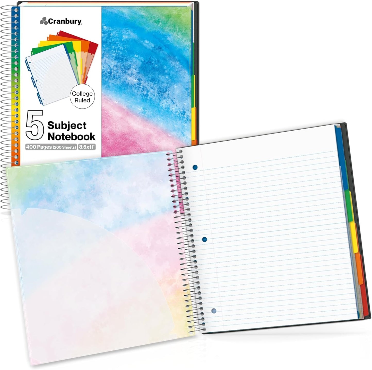 CRANBURY 5-Subject Notebook College Ruled, Movable Pocket Dividers, 200 Sheets (400 Pages) 8.5x11 College Rule Paper, 8.5 x 11 Spiral Notebook with Tabs, 2 Plastic Covers, Multi Subject Notebook