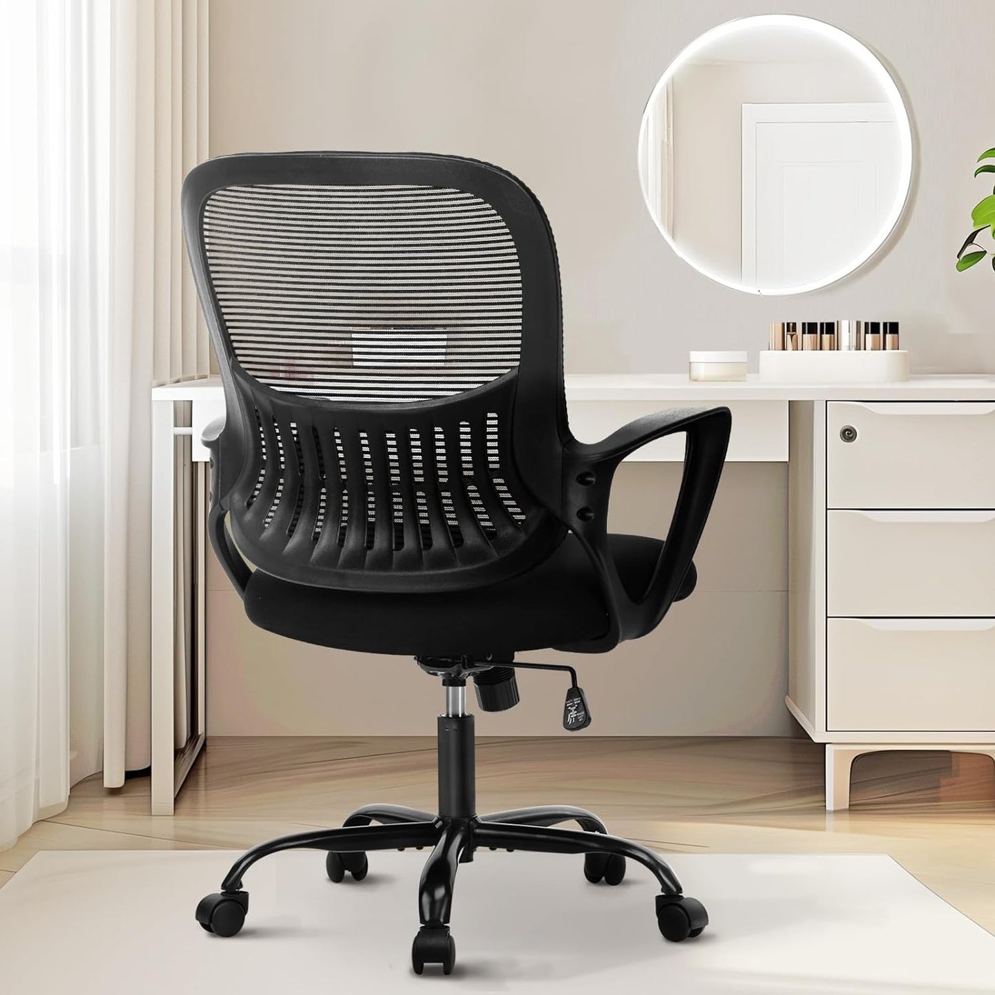 Sweetcrispy Office Computer Desk Managerial Executive Chair, Ergonomic Mid-Back Mesh Rolling Work Swivel Chairs with Wheels, Comfortable Lumbar Support, Comfy Arms for Home,Bedroom,Study,Student,Black