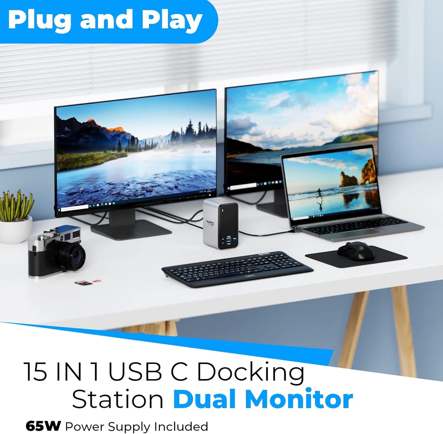 USB C Docking Station Dual Monitor,4URPC 15 in 1 Laptop Docking Station Dual HDMI, VGA, USB C Dock with 65W Power Delivery, 7 USB Ports, Gigabit Ethernet, SD/TF for Dell HP Lenovo, Plug and Play