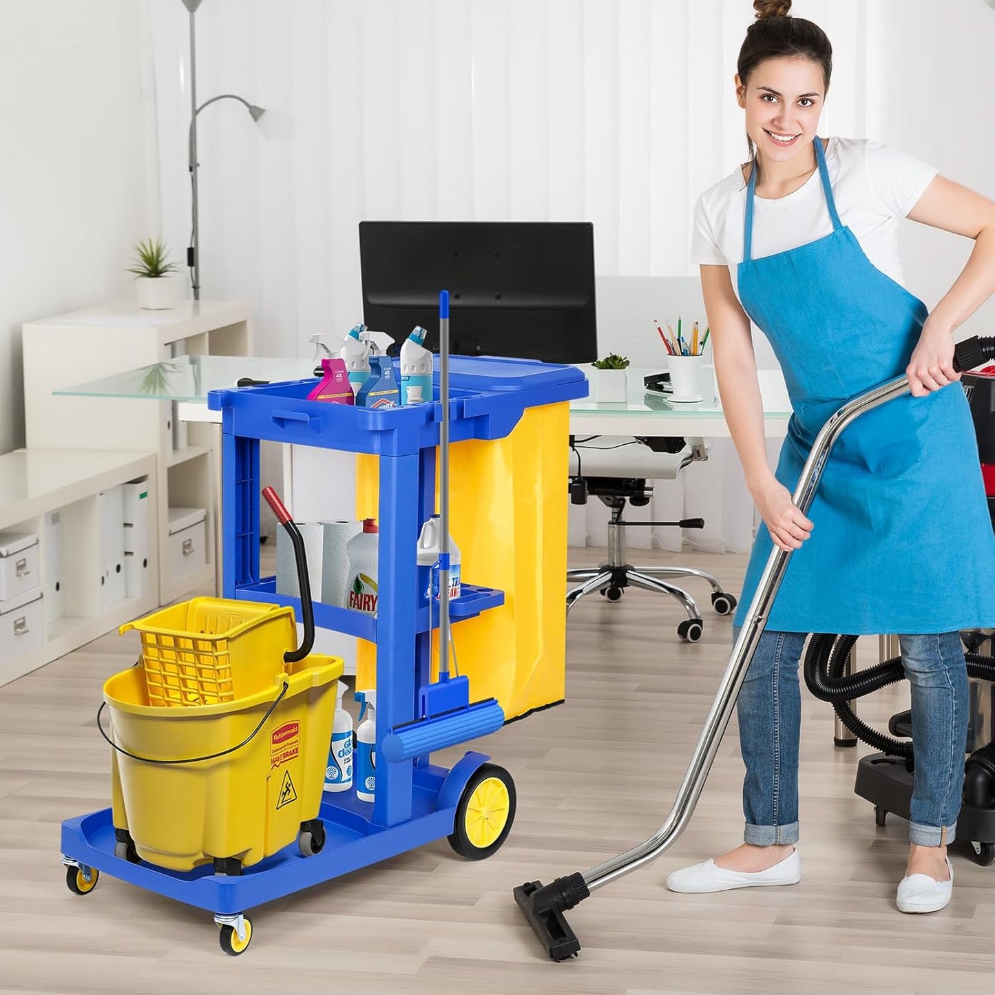 Commercial Janitorial Cart 3 Shelf, Housekeeping Janitor Cleaning cart, 200 Lbs Large Capacity Janitorial cart, Wheeled with 22 Gallon Yellow Vinyl Bag and Cover lid, Blue