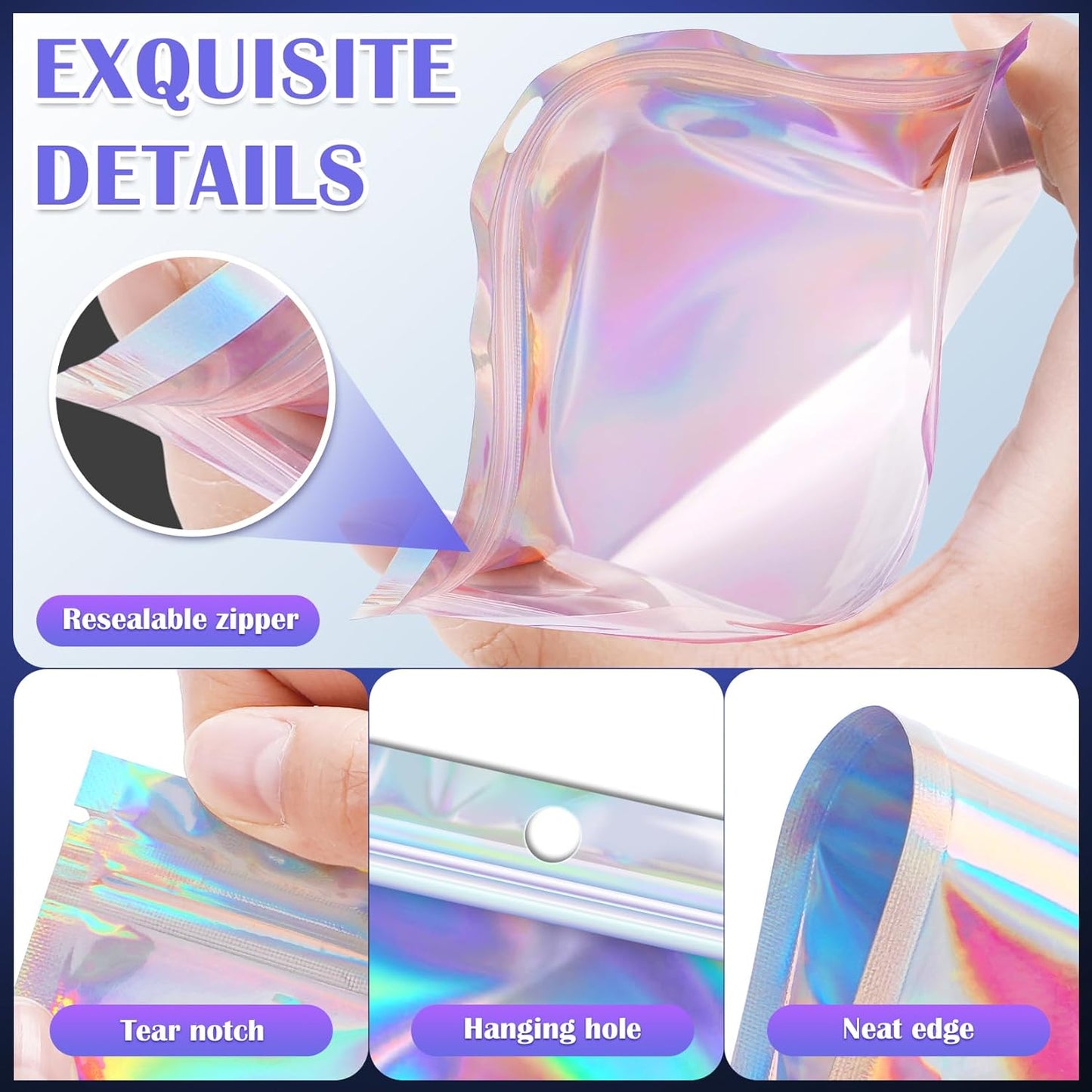 100 Pcs Mylar Bags, Smell Proof Bags with Clear Window, Holographic Bags for Snack, Cookie, Jewelry, Candy, Gift, Resealable Bags for Small Business, Sealable Bags for Packaging（2.4x3.9in）