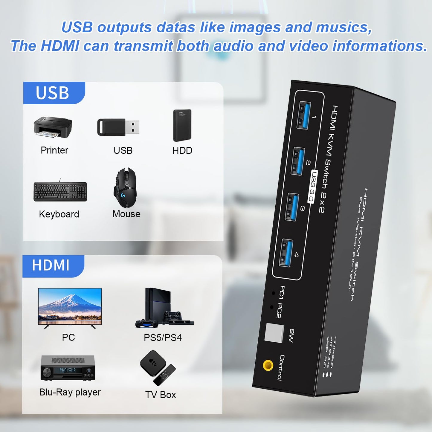 Dual KVM Switch HDMI KVM Switcher 2 Monitors 2 Computers, HDMI 2 Ports USB 3.0 4 Ports KVM Selector 4K 60Hz HDMI Switches 2 PC or 2 Laptops Share 1 Set of Keyboard Mouse Printer and Scanner