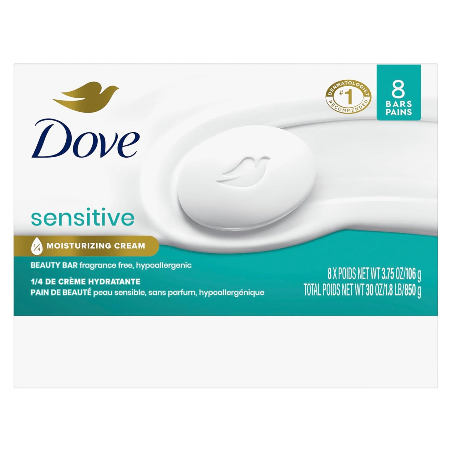 Dove Beauty Bar Soap Sensitive, 8 Bars for Sensitive Skin, Fragrance Free and Hypoallergenic 3.75 oz