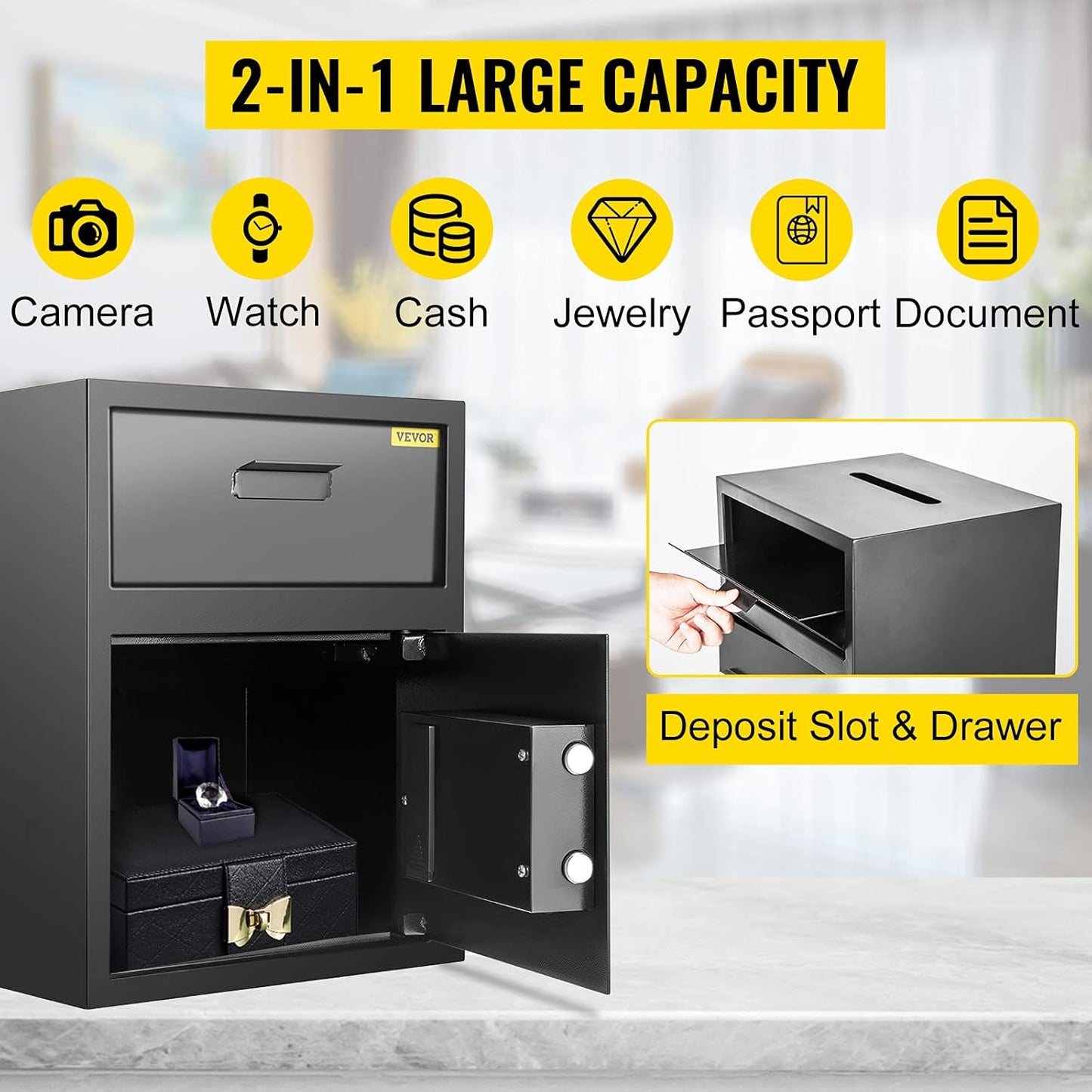 VEVOR Digital Depository Safe 1.7 Cubic Feet Made of Carbon Steel Electronic Code Lock Depository Safe with Deposit Slot with Two Emergency Keys Depository Box for Home Hotel Restaurant and Office