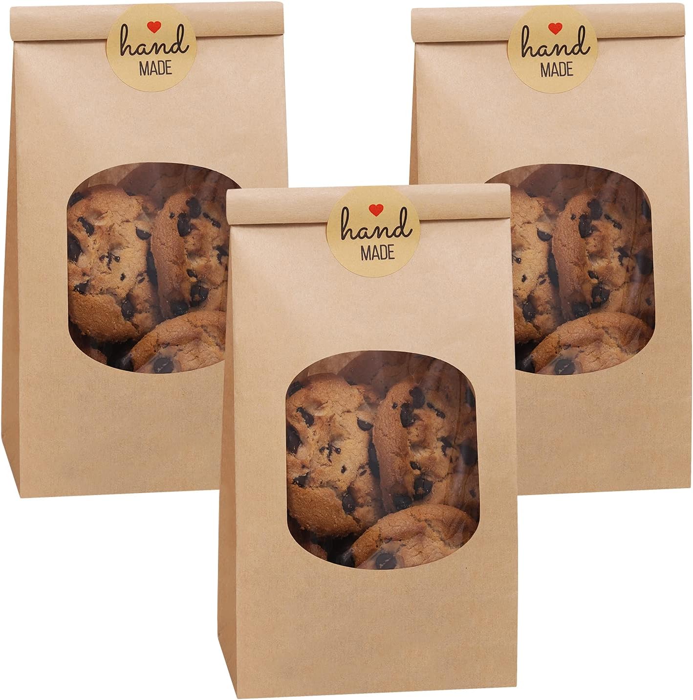 Eupako 3.54x2.36x6.7" Bakery Bags with Window 50 PCS Brown Tin Tie Tab Lock Bags Kraft Paper Bags for Cookies, Coffee, Included 50 PCS Handmade Stickers