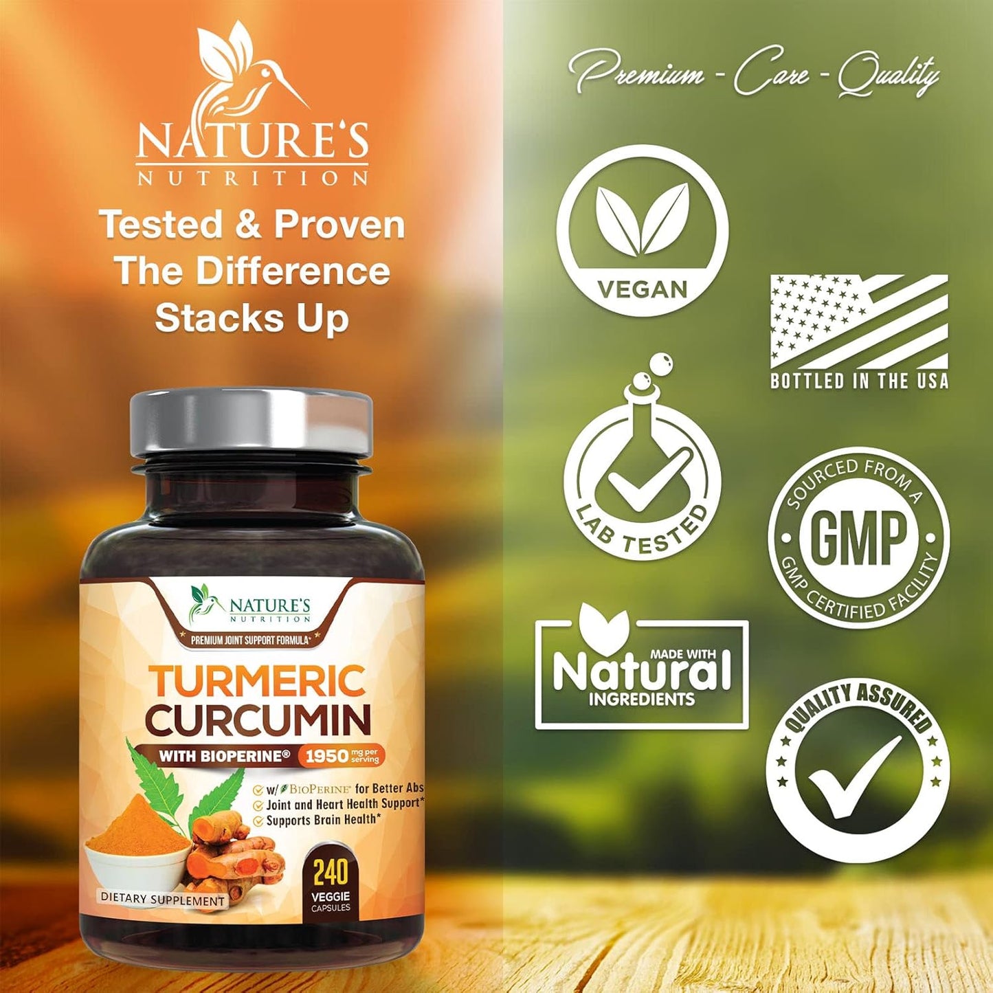 Turmeric Curcumin with BioPerine 95% Standardized Curcuminoids 1950mg - Black Pepper Extract for Max Absorption, Nature's Joint Support Supplement, Herbal Turmeric Pills, Vegan Non-GMO - 240 Capsules