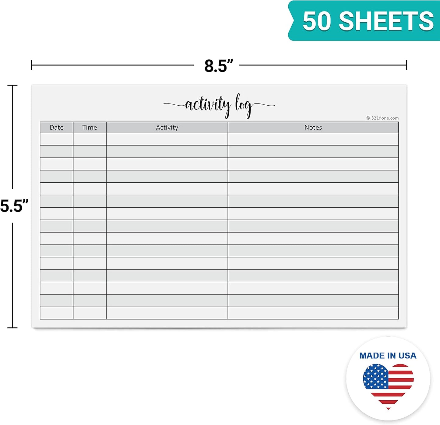 321Done Activity Log Notepad, Landscape - 5.5x8.5, Made in the USA, Minimalist Note Taking Office Supplies, Desk Planner, To-Do List, Log Book Notebook for Business, Project Management, 50 Pages