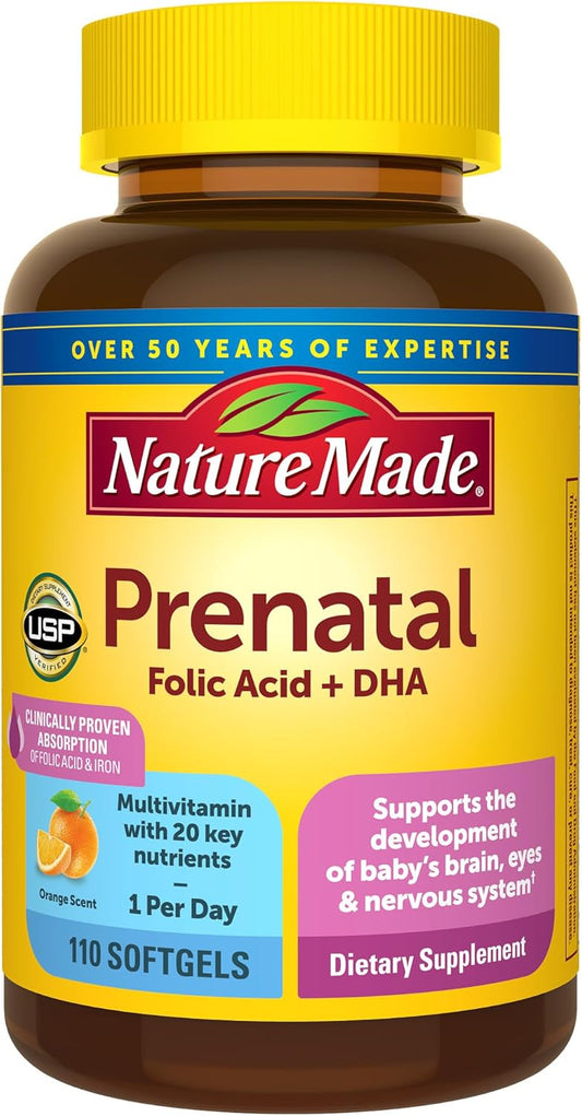 Nature Made Prenatal with Folic Acid + DHA, Prenatal Vitamin and Mineral Supplement for Daily Nutritional Support, 110 Softgels, 110 Day Supply