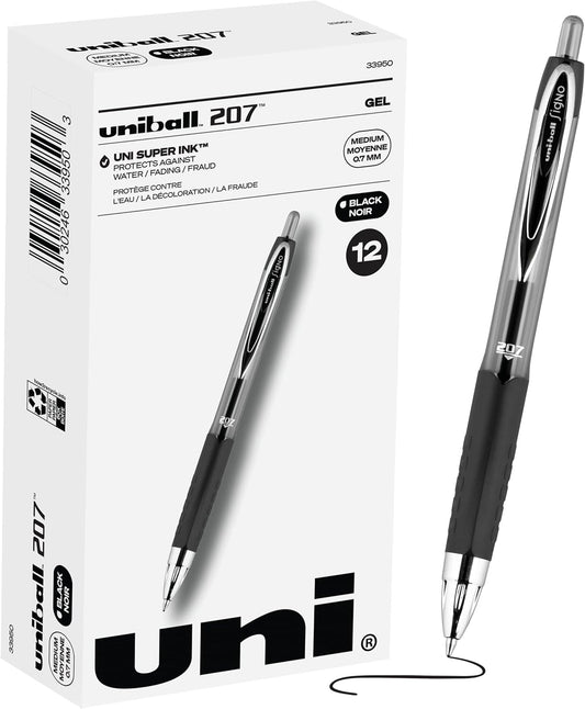 Black Retractable Gel Pens 12 Pack with Medium Points, Uni-Ball 207 Signo Click Pens are Fraud Proof and the Best Office Pens, Nursing Pens, Business Pens, School Pens, and Bible Pens